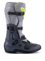 Alpinestars Tech 3 Boots, Motocross Boots, Dark Gray Light Gray and Black, side view featuring three black polymer buckles, TPU protection panels, and a bright yellow Alpinestars logo on the upper shin area