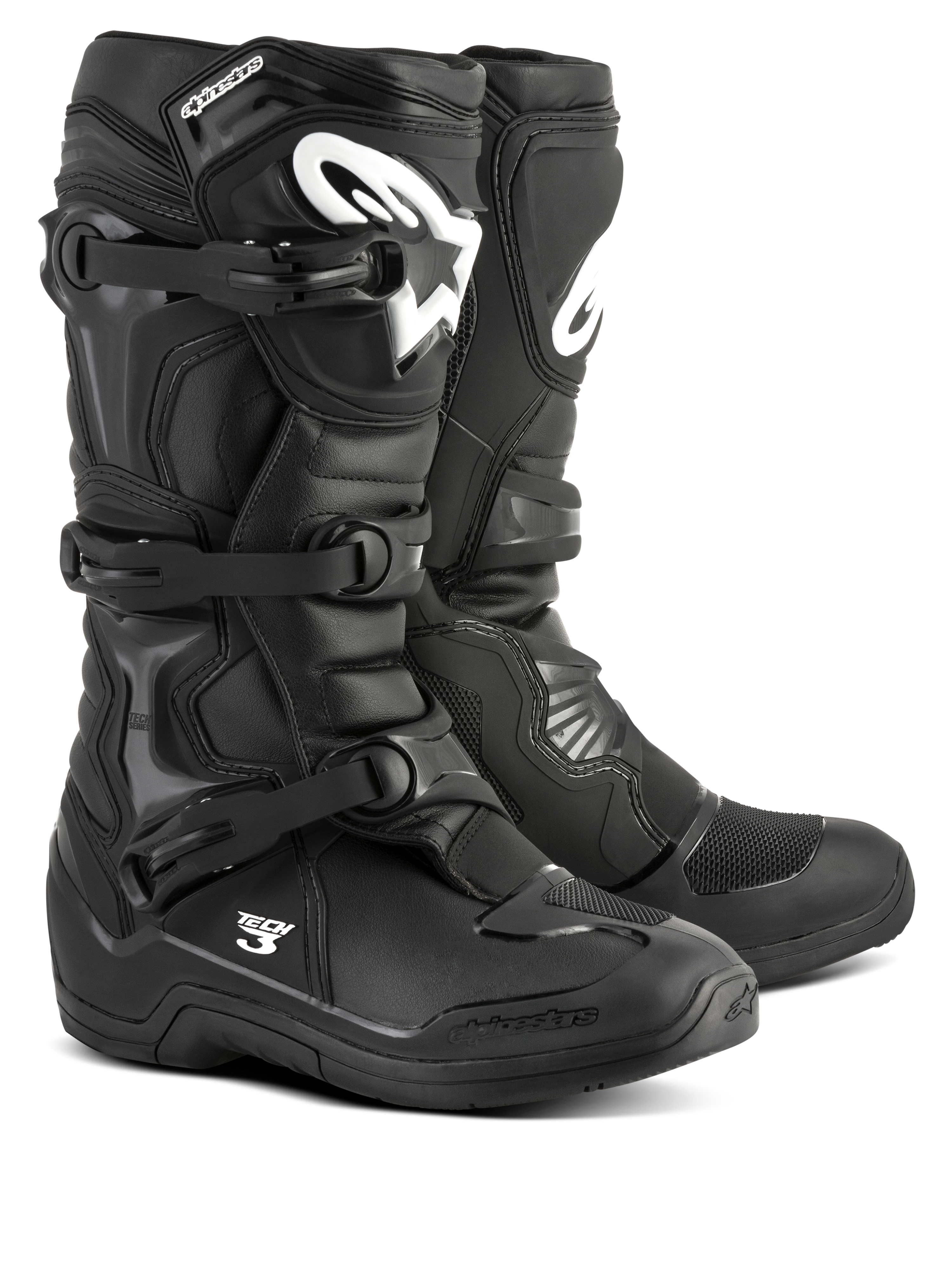 Alpinestars Tech 3 Boots, Black Motocross Boots, Off-road performance footwear, triple buckle closure system, TPU reinforced shin plate with white logo branding, durable high-grip sole, lightweight microfiber construction