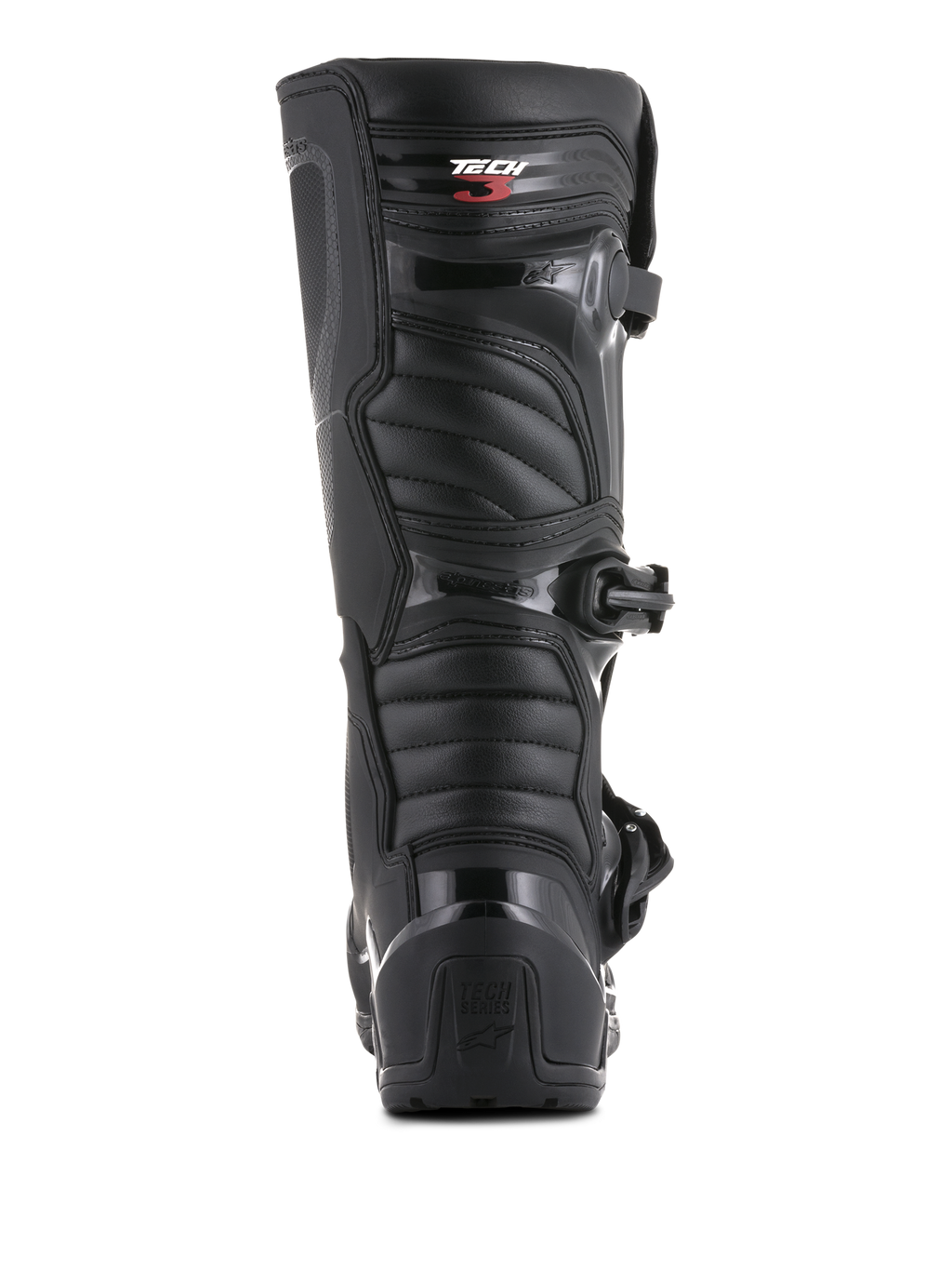 Alpinestars Tech 3 Enduro Boots, Rear View, Black, featuring TPU heel counter with Tech Series branding and ribbed flexible panels, durable protective footwear for motocross and off-road riding