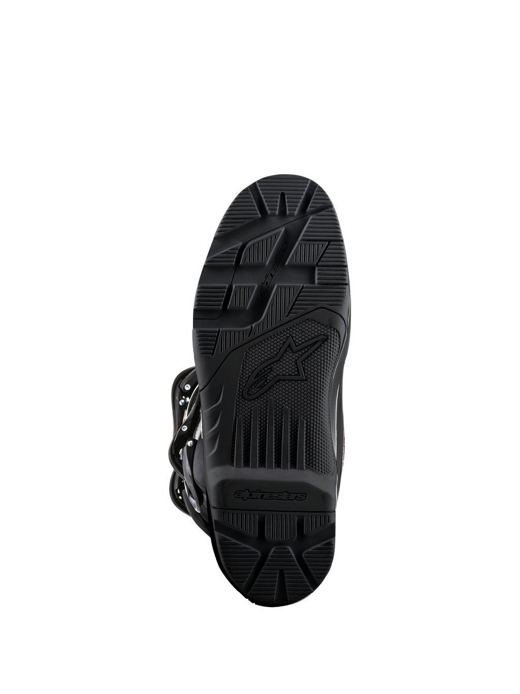 Alpinestars Tech 3 Enduro Boots, Black, bottom sole view, high-grip rubber compound with textured tread pattern for off-road durability, featuring Alpinestars branding