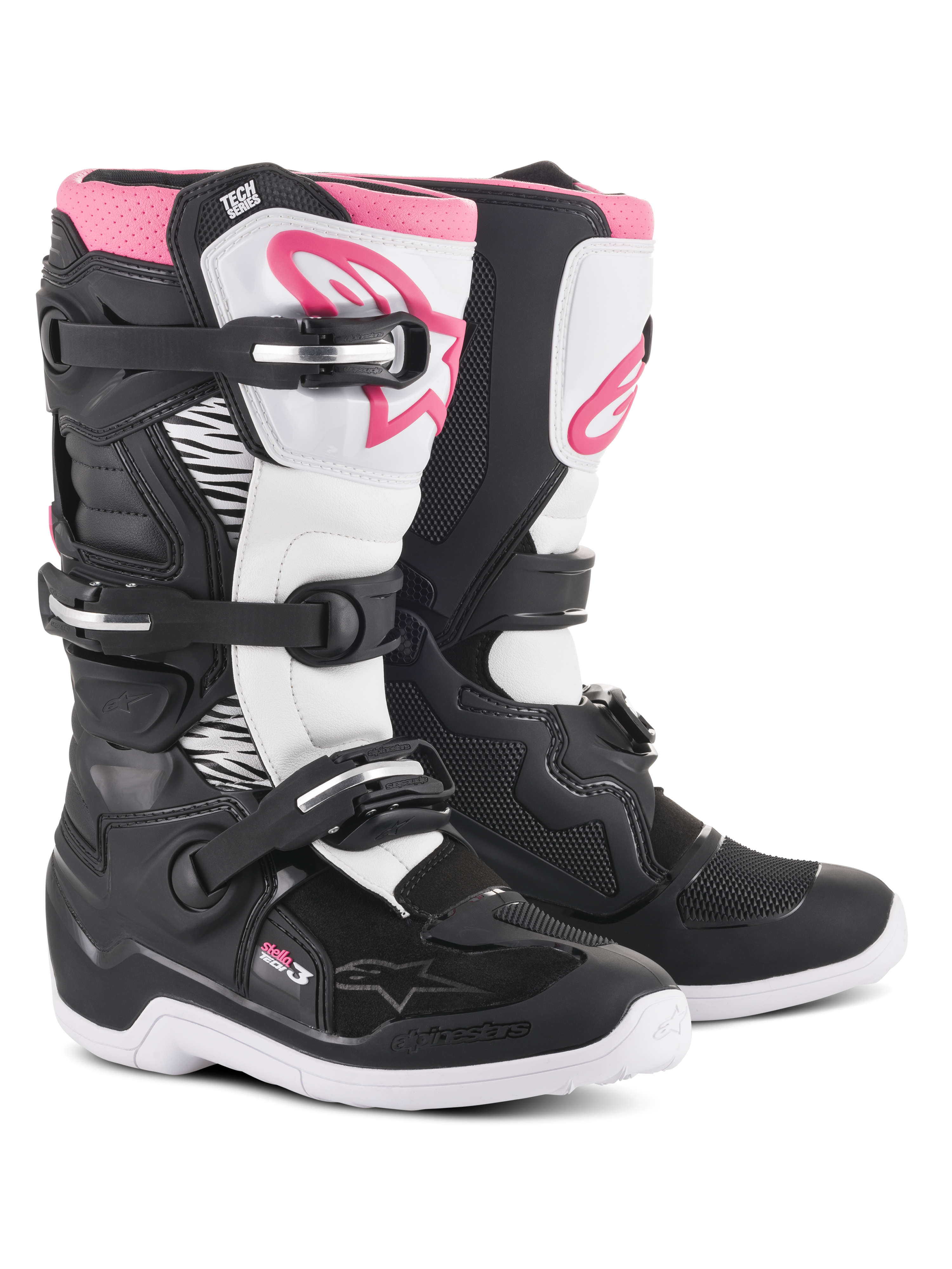Alpinestars Stella Tech 3 Boots, Women's Motocross Boots, Black White and Pink, featuring a white shin plate with pink Alpinestars logo, black chassis with white flex zones, and a three-buckle closure system.