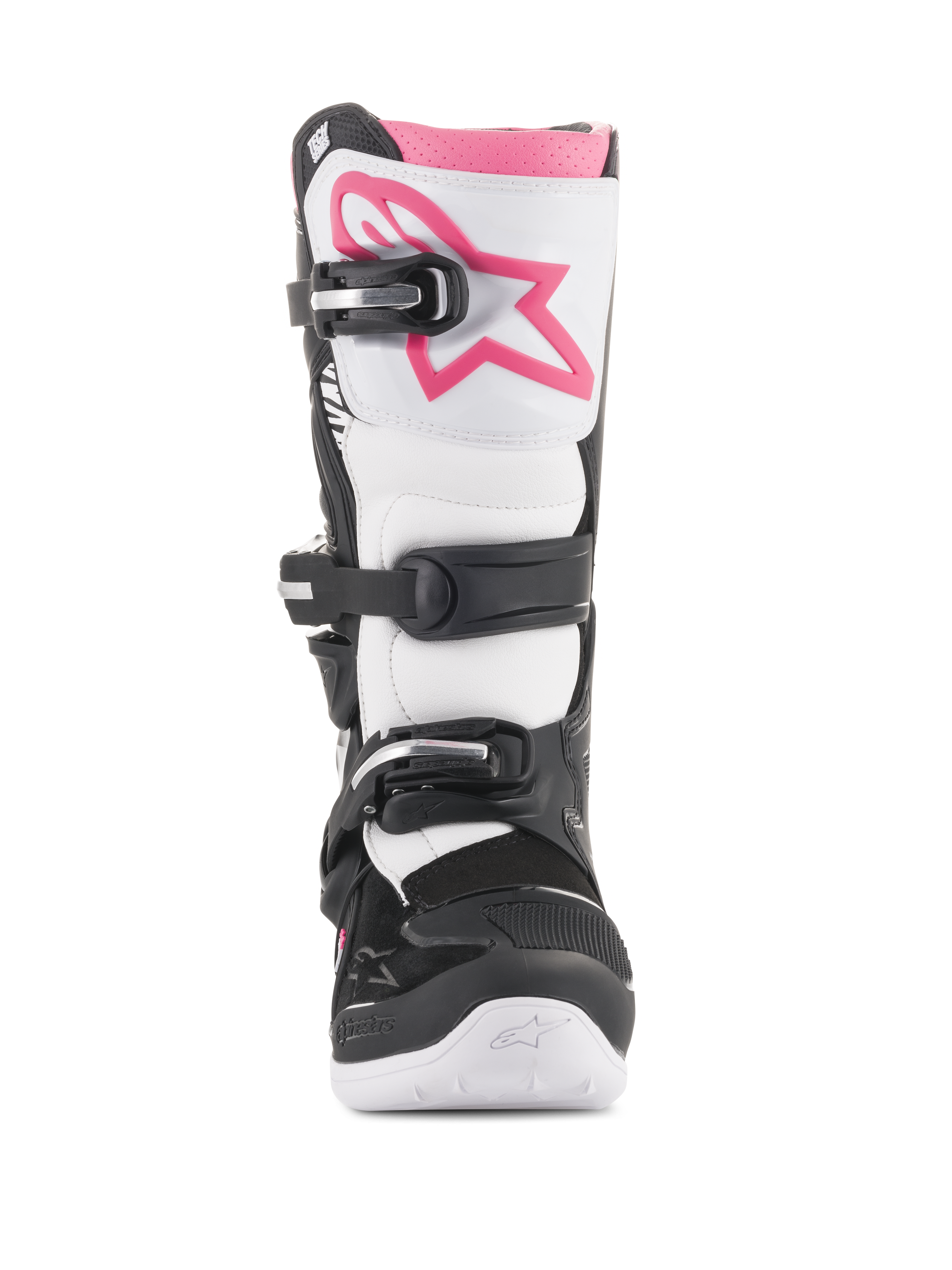 Alpinestars Women Stella Tech 3 Boots, Motocross Boots, Black White and Pink, front view featuring a white shin plate with a pink Astars logo, black buckle closure system, and pink upper cuff, durable protective footwear for off-road riding.