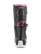 Alpinestars Women Stella Tech 3 Boots, Motocross Boots, Black White and Pink, back view showing the pink Alpinestars star logo, pink top rim, black textured panels, and white heel with Tech Series branding.