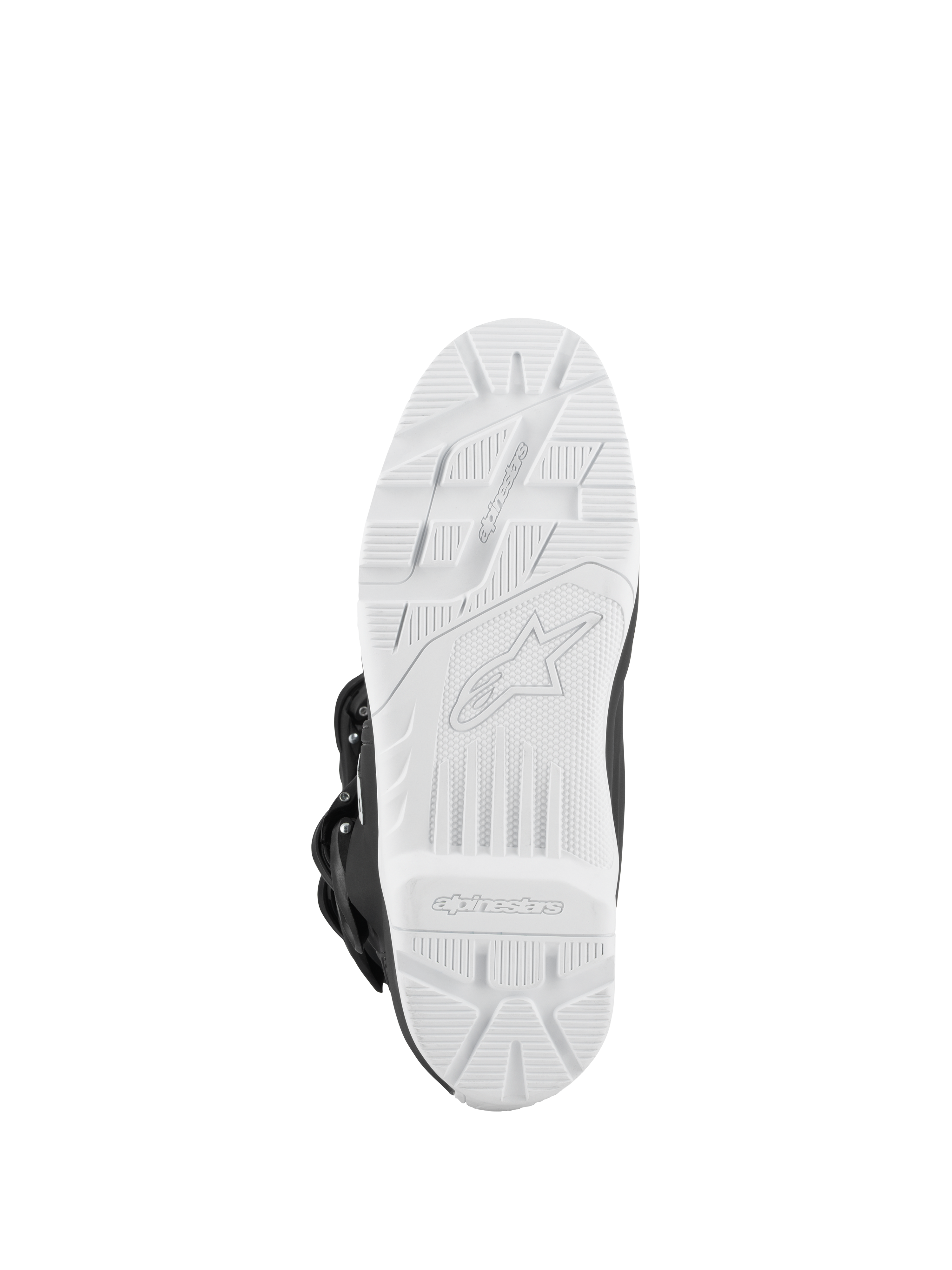 Alpinestars Tech 3 Enduro Waterproof Boots, Black and White, bottom view of the white high-grip lugged sole, off-road traction pattern with embossed logo, durable outsole designed for motocross and enduro performance.