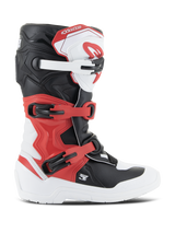 Alpinestars Youth Tech 3S Boots, Motocross Boots, White Black and Bright Red, side profile view, featuring a multi-buckle closure system, reinforced shin plate, and durable white sole, junior off-road protective gear