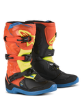 Alpinestars Youth Tech 3S Boots, Motocross Boots for Kids, Orange Fluo, Enamel Blue and Yellow Fluo, blue soles, three-buckle closure system, protective TPU shin plates, off-road riding gear
