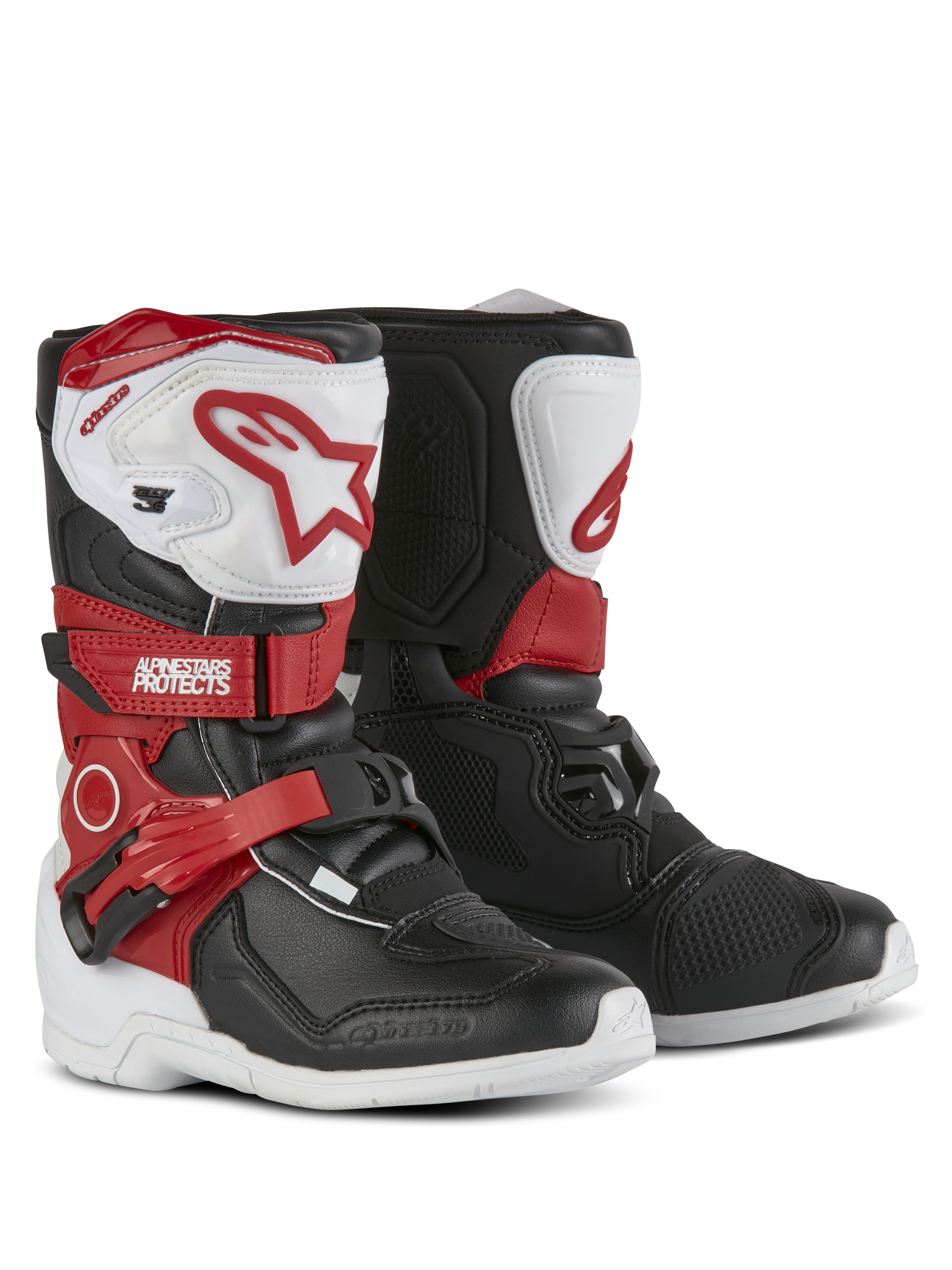 Alpinestars Kids Tech 3S Boots, Motocross Boots, White Black and Bright Red, featuring protective TPU shin plates, red straps with Alpinestars branding, buckle closure, and durable white outsoles.
