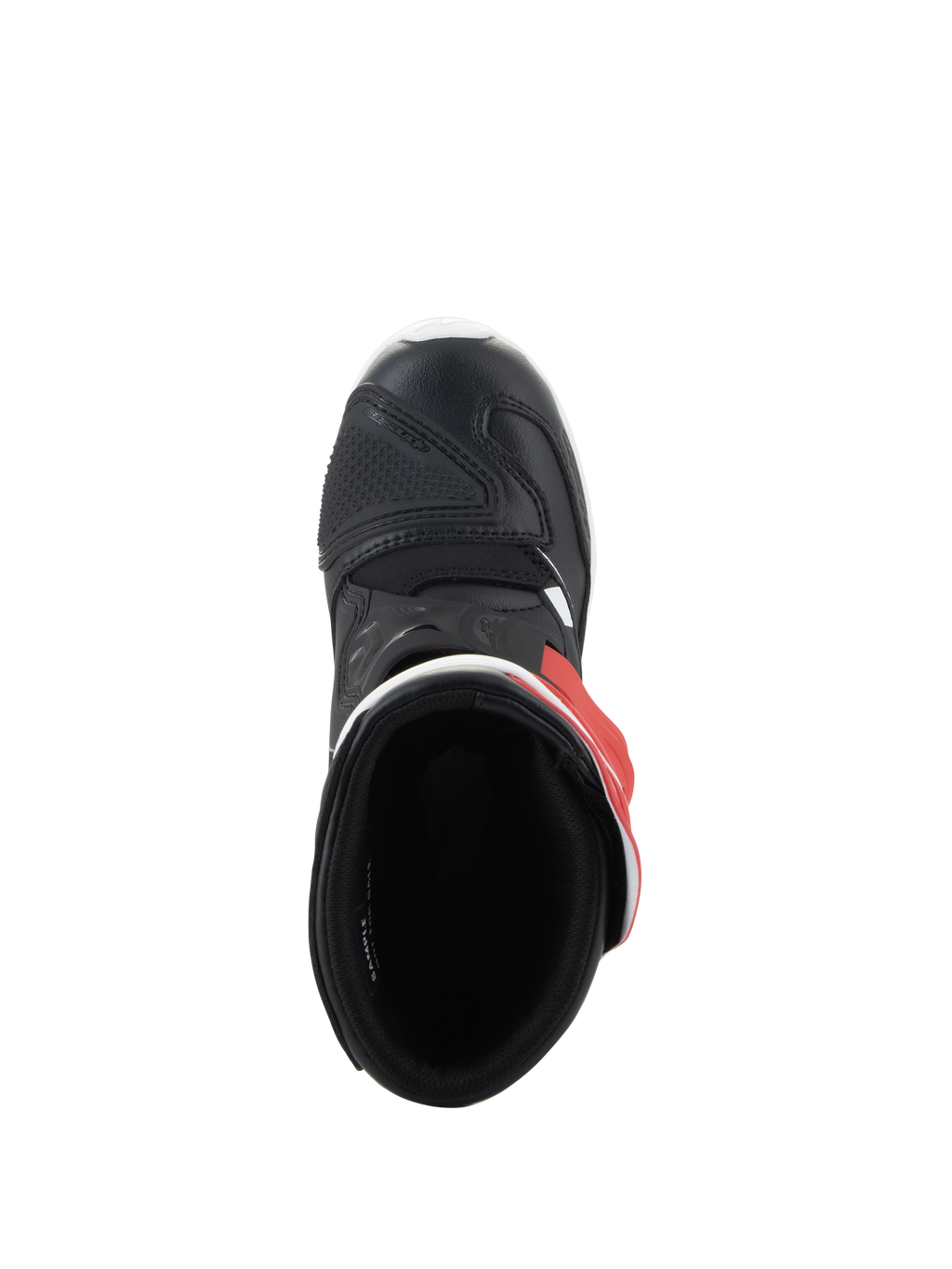 Alpinestars Kids Tech 3S Boots, Motocross Boots, White Black and Bright Red, top-down view showing the interior and black microfiber toe, protective footwear for young off-road riders