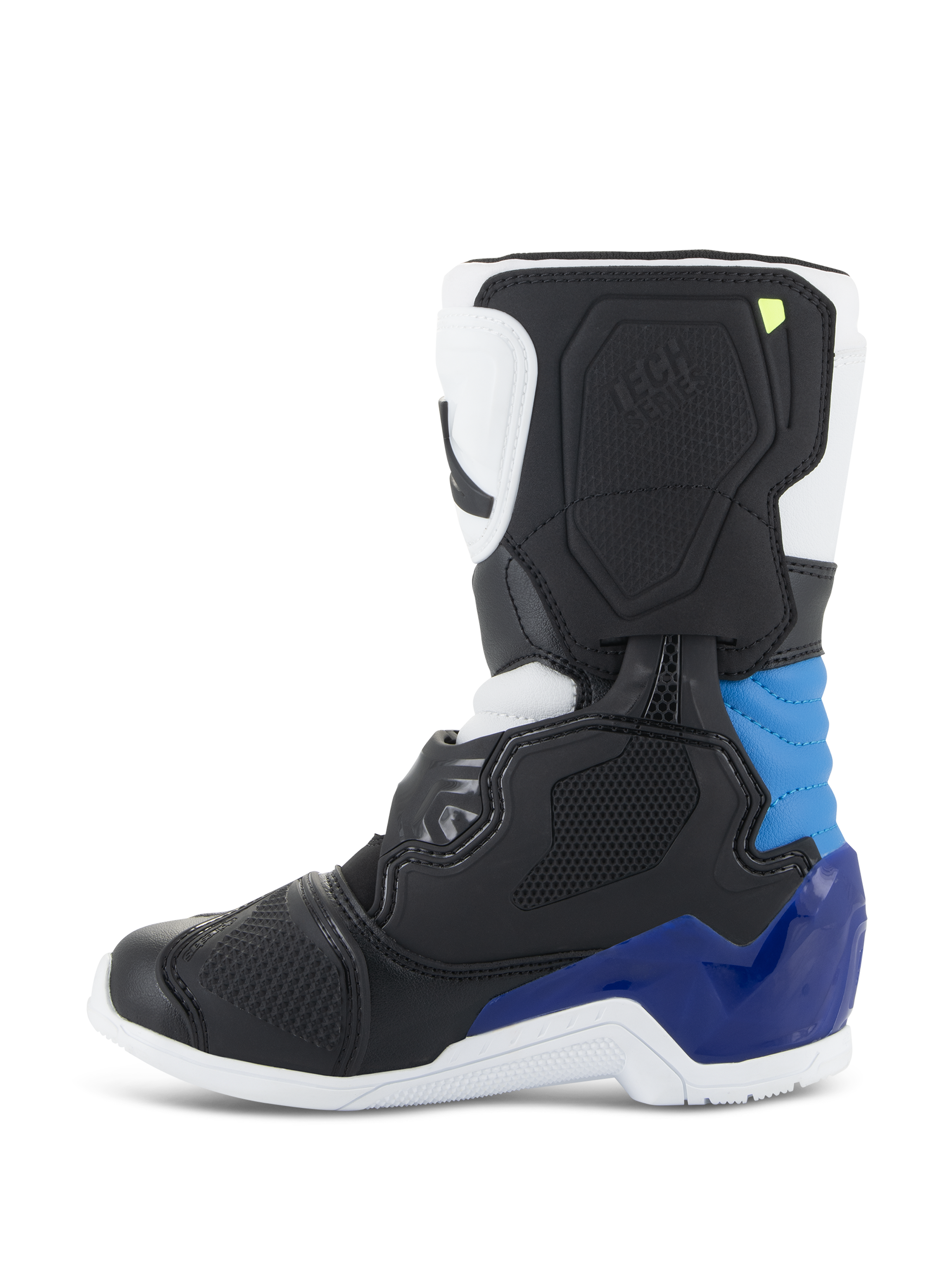 Alpinestars Kids Tech 3S Boots, Motocross Boots, White Black Enamel Blue, side profile featuring black and white panels with vibrant blue heel and ankle accents, white sole, and structured protective shell for off-road racing