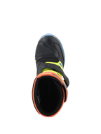 Alpinestars Kids Tech 3S Boots, Motocross Boots, Orange Fluo, Enamel Blue, and Yellow Fluo, top-down view looking into the cushioned opening, showing the black microfiber toe and buckle closure.