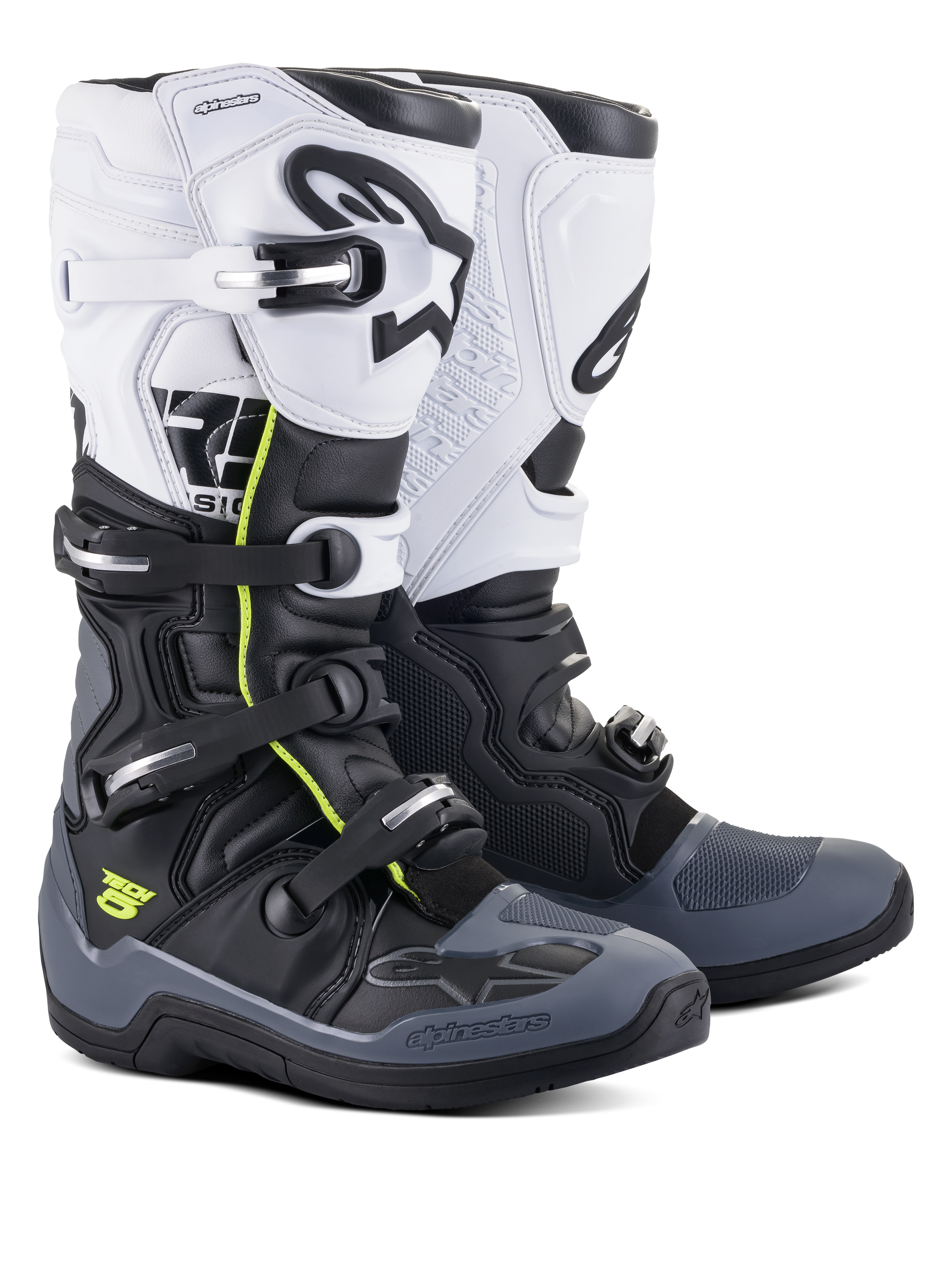 Alpinestars Tech 5 Boots, Motocross and Off-Road Boots, Black Dark Gray and White, featuring neon yellow accents, four-buckle closure system, white upper panel with black Astars logo, dark gray toe and heel protection, and durable microfiber construction
