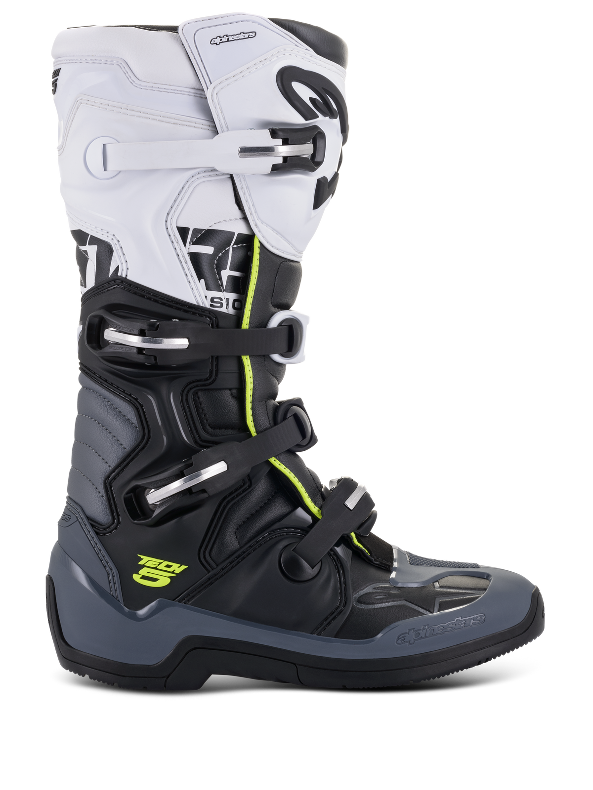 Alpinestars Tech 5 Boots, Motocross Racing Boots, White Black and Dark Gray with Fluorescent Yellow accents, featuring a four-buckle closure system, reinforced protection panels, and biomechanical pivot, premium microfiber construction for off-road performance