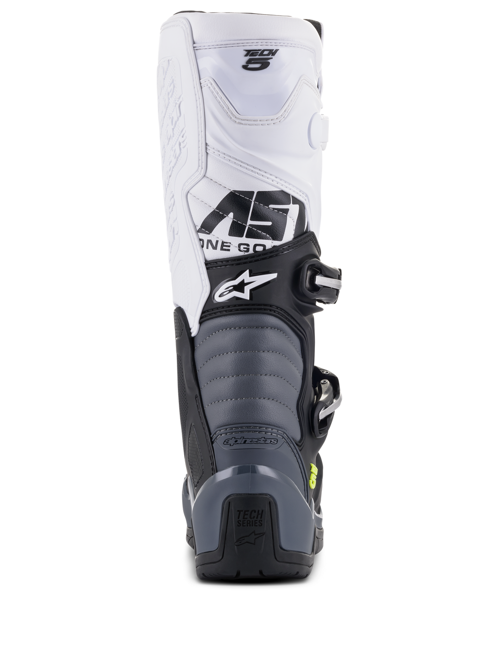 Alpinestars Tech 5 Boots, Motocross Boots, Black Dark Gray White, rear view showing white upper with Tech 5 branding, gray accordion flex zones, and black heel guard with Tech Series logo