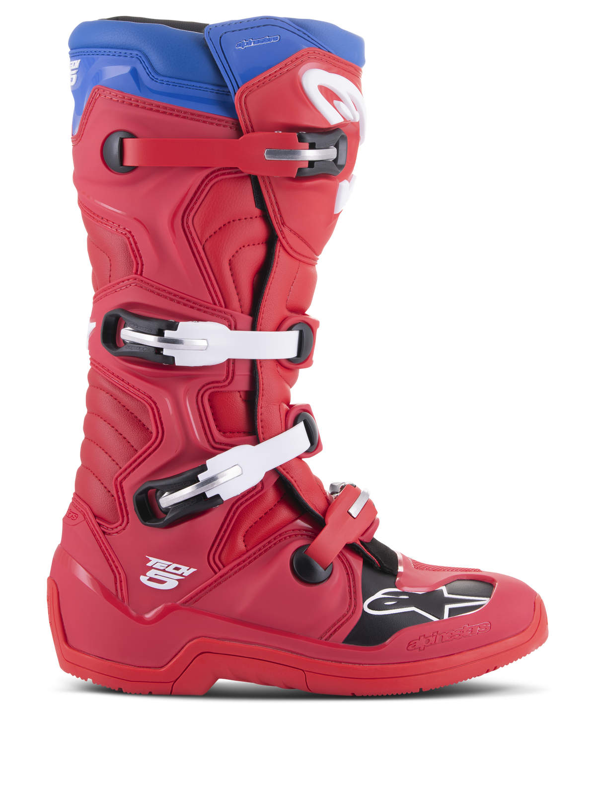Alpinestars Tech 5 Boots, Motocross Racing Boots, Bright Red and Alpine Blue, side profile with four-buckle closure system, reinforced toe box with black panel and white logo, durable microfiber chassis for off-road protection