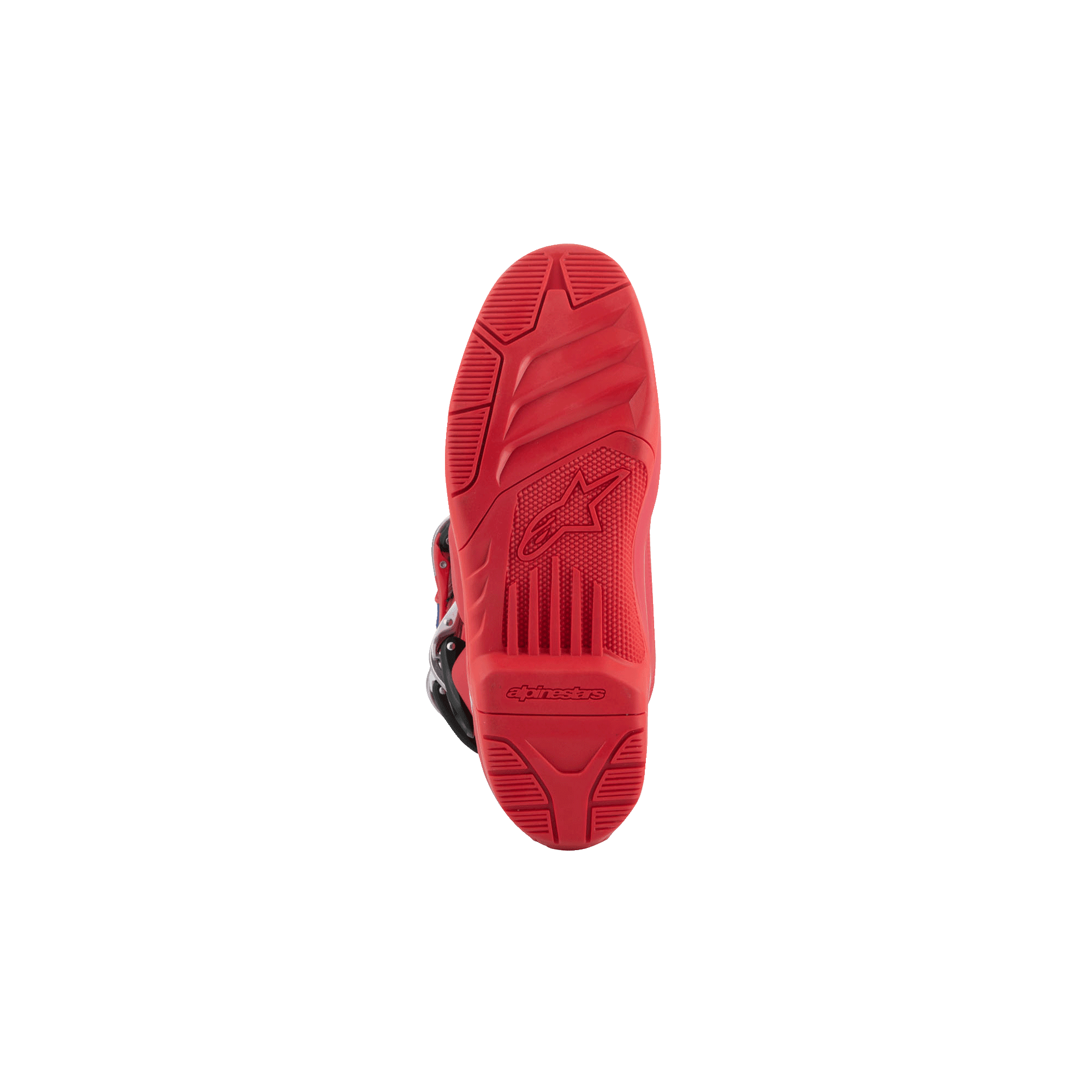 Alpinestars Tech 5 Boots, Motocross Boots, bottom view showing the Bright Red sole, textured dual compound tread pattern with embossed Alpinestars logo and branding, designed for off-road performance