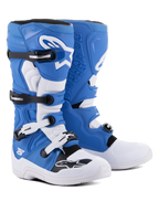 Alpinestars Tech 5 Boots, Motocross and Off-Road Boots, Blue and White, multi-material construction with four black and white buckles, white shin plate with large Astars logo, and durable white sole.