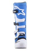 Alpinestars Tech 5 Boots, Motocross Boots, Blue and White, front-facing view, featuring a four-buckle closure system, white Alpinestars star logo on the blue shin plate, and durable microfiber chassis with reinforced white toe.