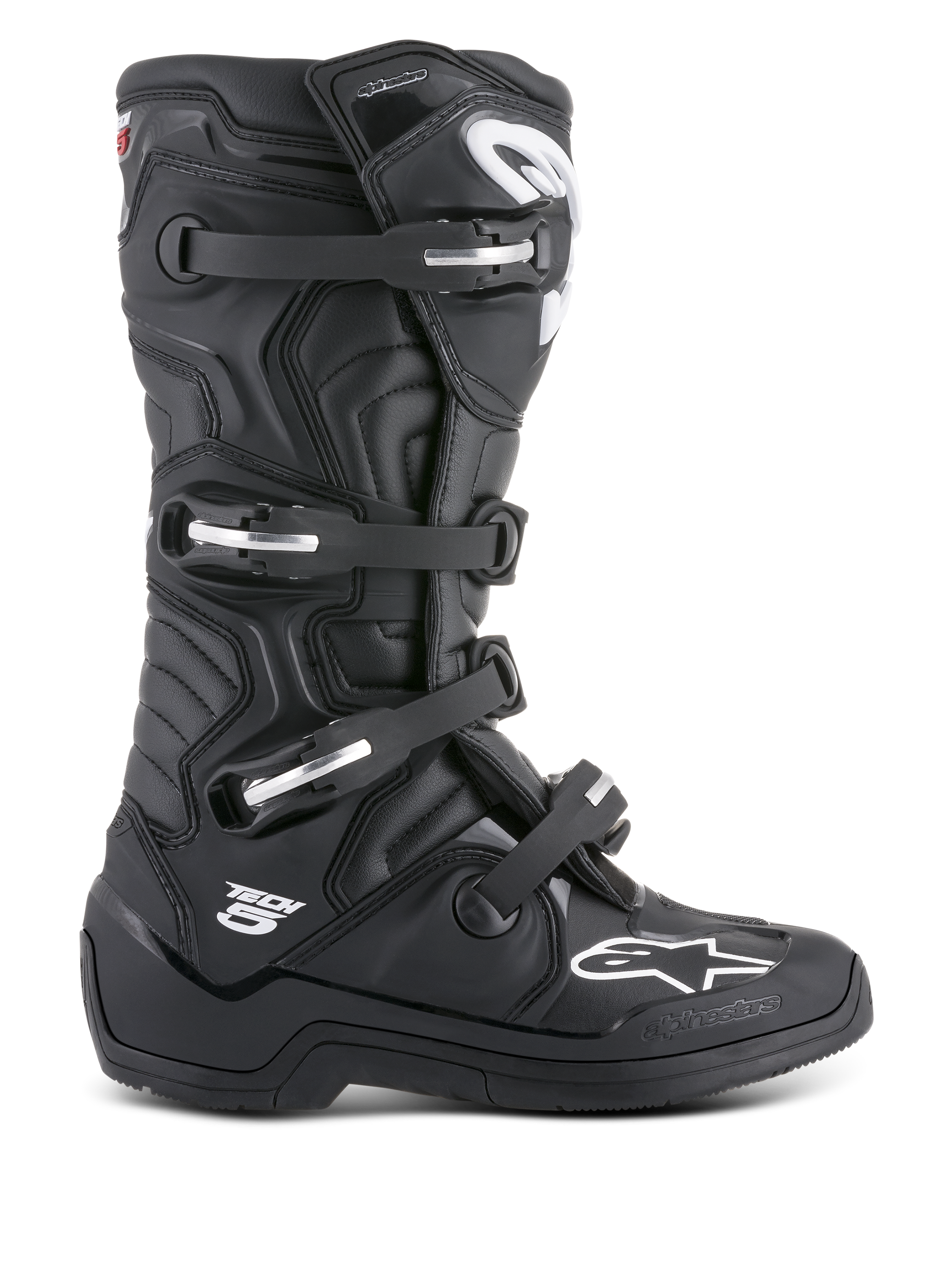 Alpinestars Tech 5 Boots, Black Motocross Boots, Unisex, Synthetic Microfiber and TPU, CE Certified, aluminum buckles.