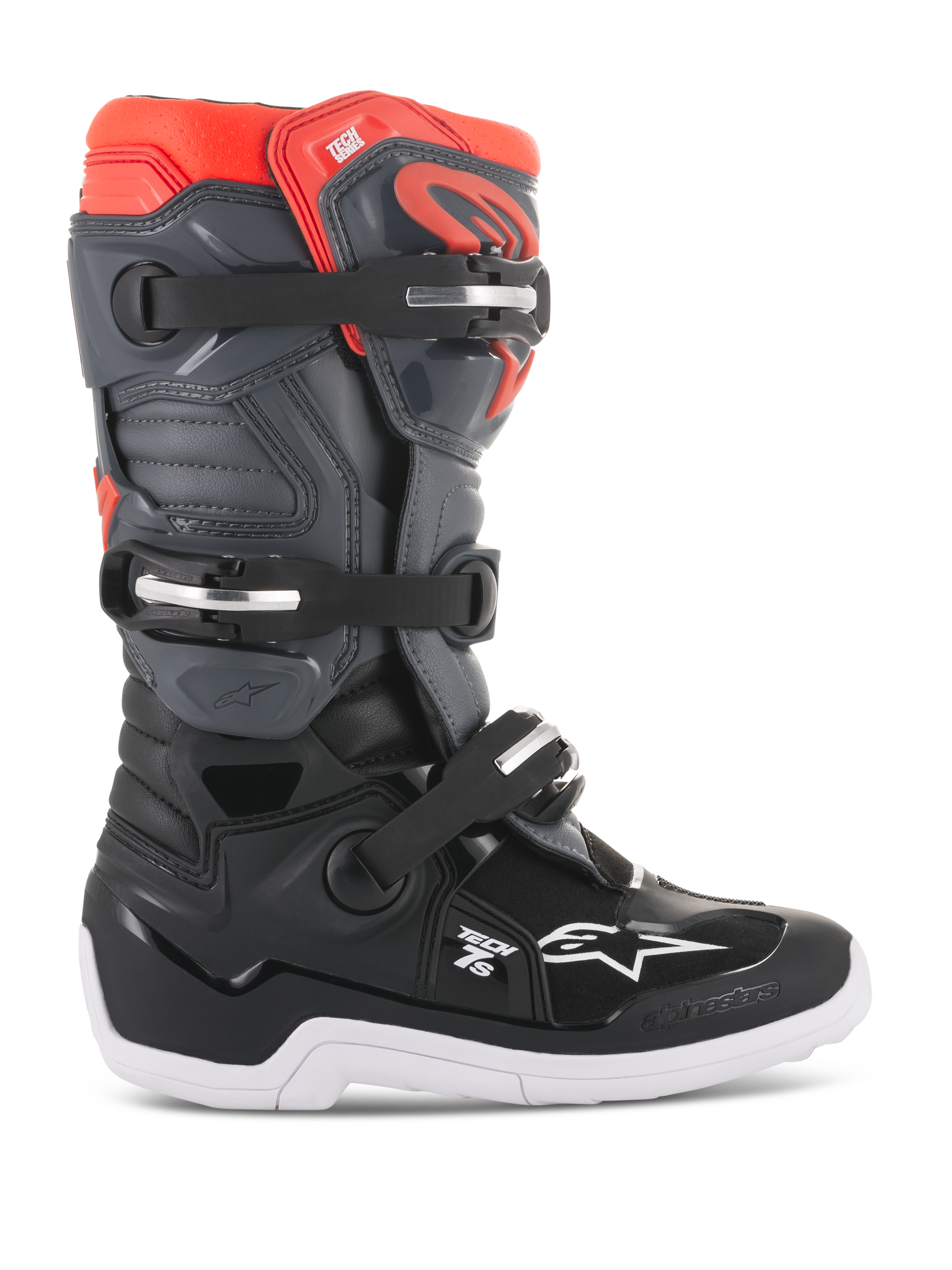 Alpinestars Youth Tech 7S Boots, Motocross Off-road Boots, Black Dark Gray and Red Fluorescent, high-top structure with three adjustable buckles, reinforced toe and heel, thick white sole with grip patterns, durable TPU protection and synthetic upper