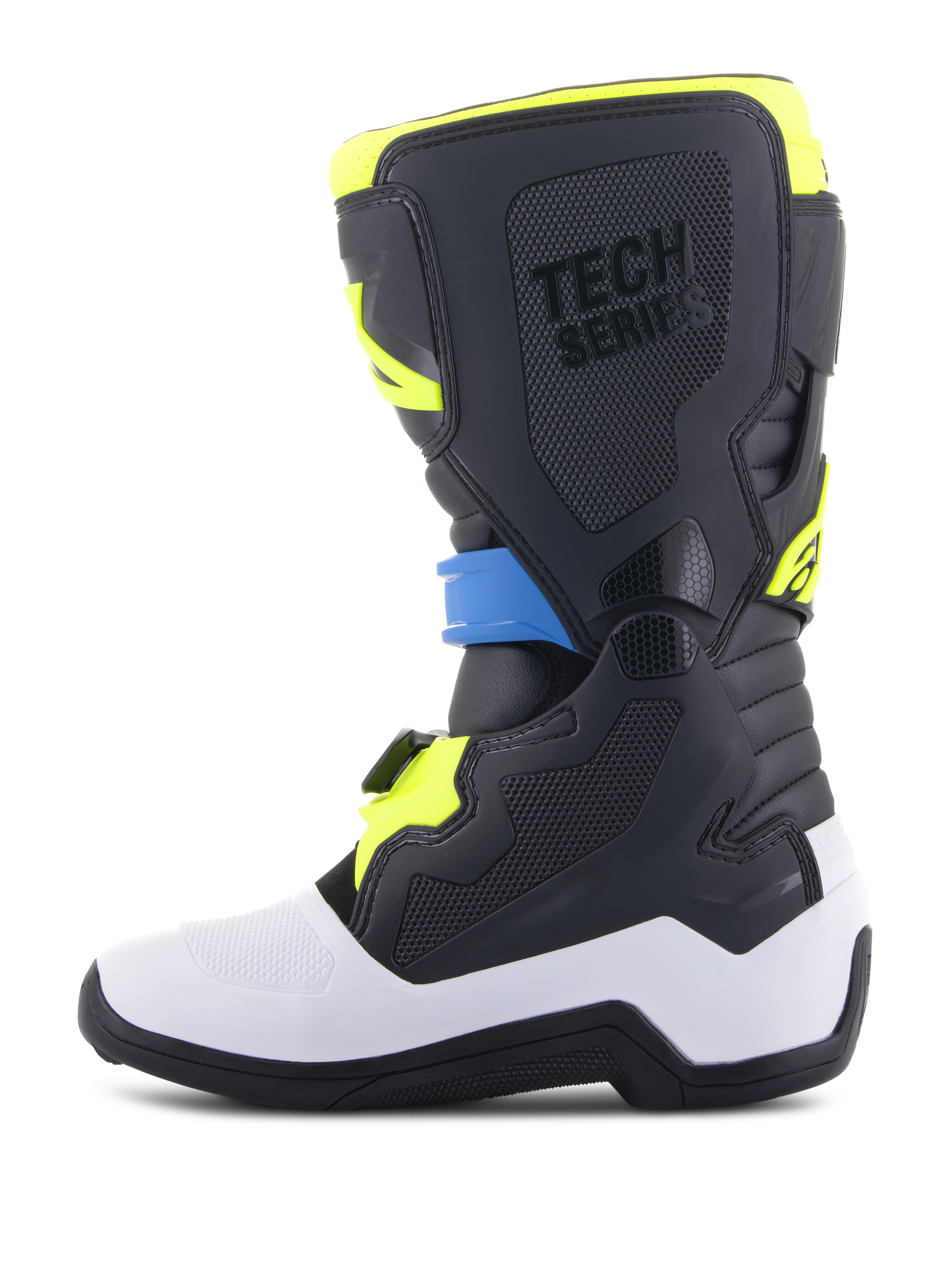 Alpinestars Youth Tech 7S Boots, Motocross Boots, Black Enamel Blue and Yellow Fluo, featuring a white lower shell, protective black TPU panels with 'TECH SERIES' branding, and a secure buckle system, designed for junior riders.