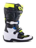 Alpinestars Youth Tech 7S Boots, Motocross Boots for Young Riders, Black White and Yellow Fluo with Blue accents, featuring an adjustable buckle system, reinforced protection panels, and high-traction sole for off-road racing