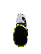 Alpinestars Youth Tech 7S Boots, Motocross Boots, Black White and Yellow Fluo, top-down view showing the interior opening and fluorescent yellow rim, white toe box with Alpinestars logo, high-performance youth protective footwear