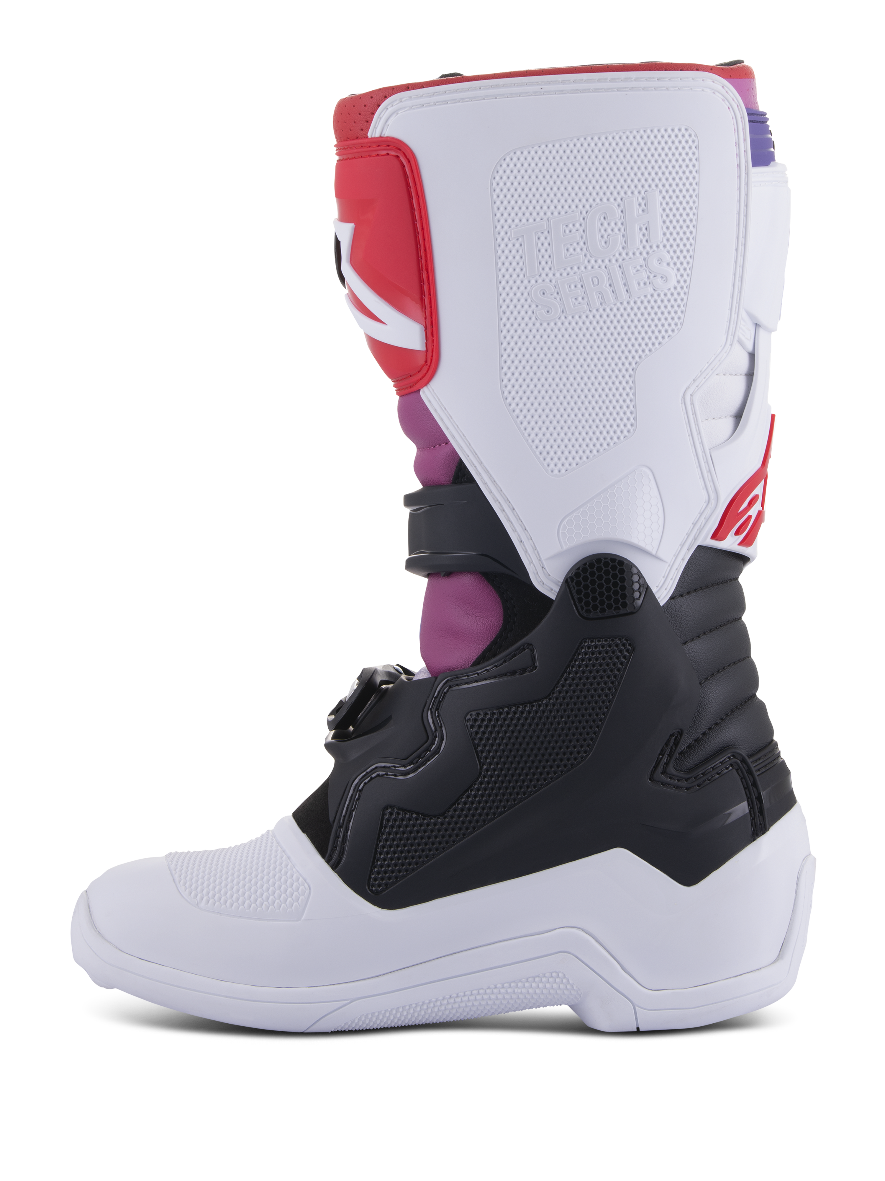 Alpinestars Youth Tech 7S Boots, Motocross Boots, White Black Rainbow, medial side view featuring white shin plate with embossed Tech Series logo, black lower section, and vibrant pink and red accents, durable protective gear for youth off-road riding