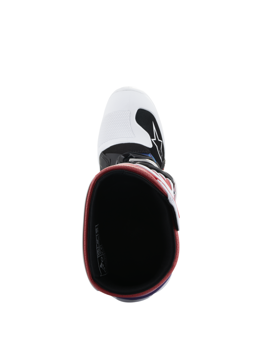 Alpinestars Youth Tech 7S Boots, Motocross Boots, White Black Rainbow, top-down view looking into the boot, black interior with red rim, white toe box with black Alpinestars logo