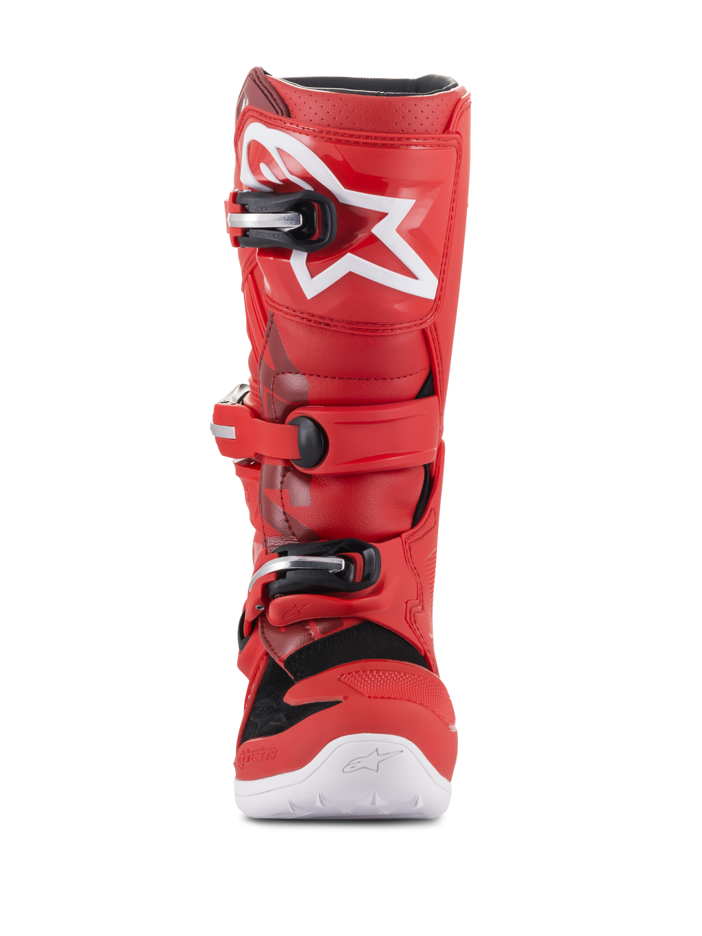 Alpinestars Youth Tech 7S Boots, Youth Motocross Boots, Red, featuring white star logo on the shin, black and silver buckle system, white sole, durable construction for off-road riding, front view