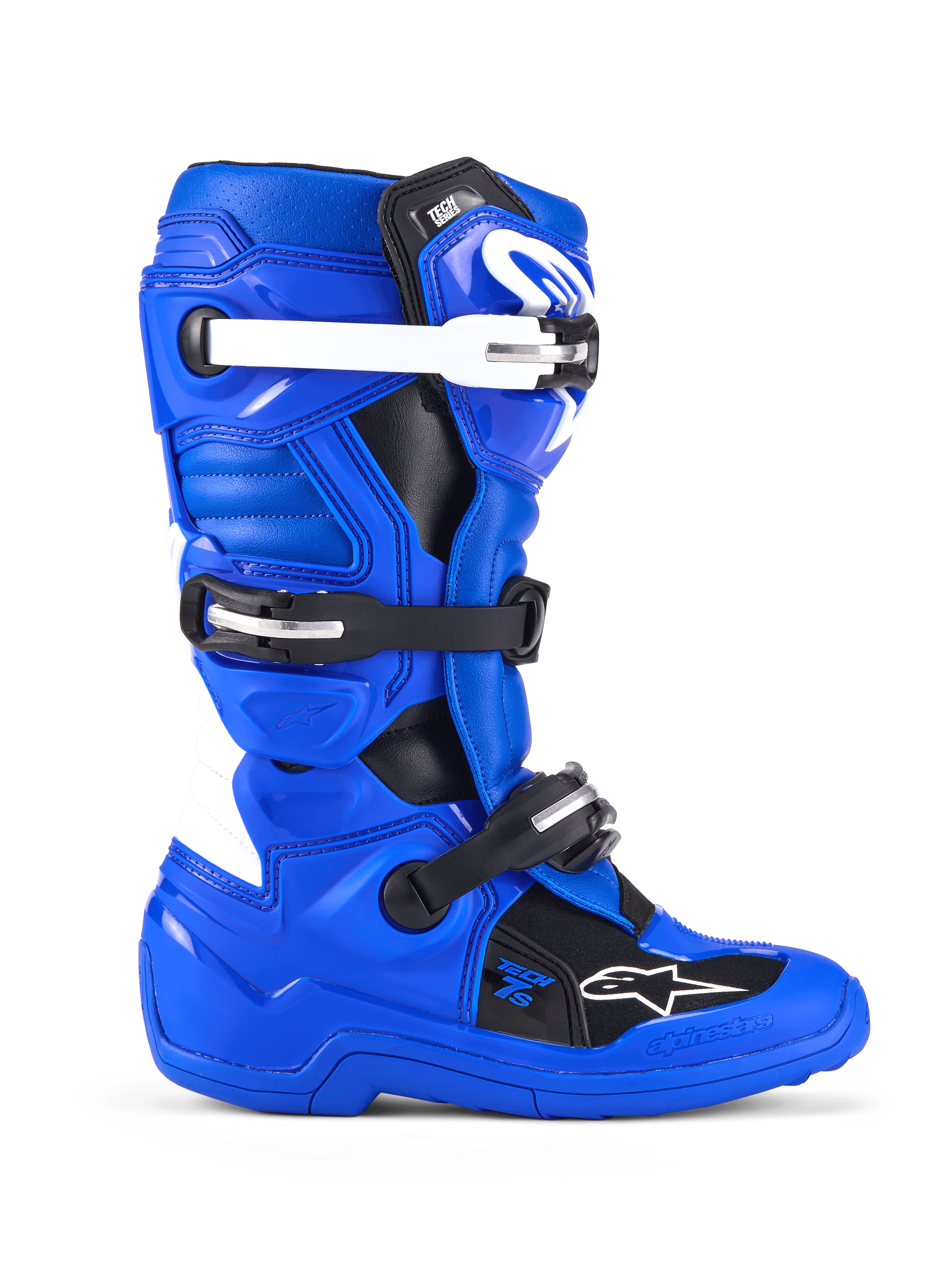 Alpinestars Youth Tech 7 S Boots, Motocross Boots, Blue Black and White, side view showing PU-reinforced microfiber upper, four-buckle closure system with white and black straps, TPU shin plate, and Alpinestars logo, protective off-road footwear for youth riders