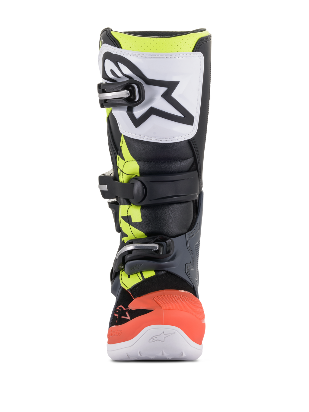 Alpinestars Youth Tech 7S Boots, Motocross Boots, Dark Gray, Fluorescent Red and Yellow with white accents, front view featuring a white TPU shin plate with black logo, triple buckle closure system, and durable synthetic construction for junior off-road riders