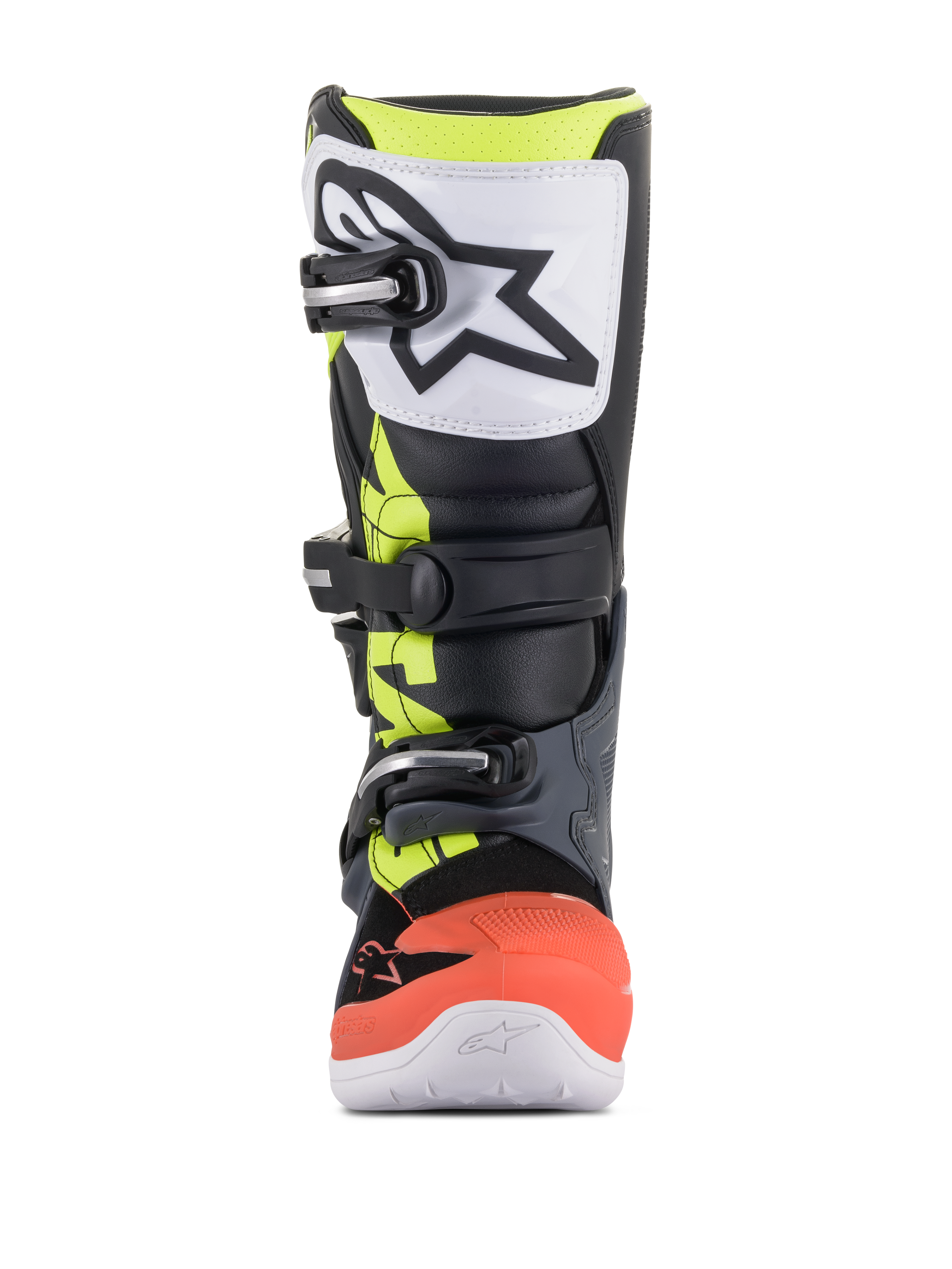Alpinestars Youth Tech 7S Boots, Motocross Boots, Dark Gray, Fluorescent Red and Yellow with white accents, front view featuring a white TPU shin plate with black logo, triple buckle closure system, and durable synthetic construction for junior off-road riders