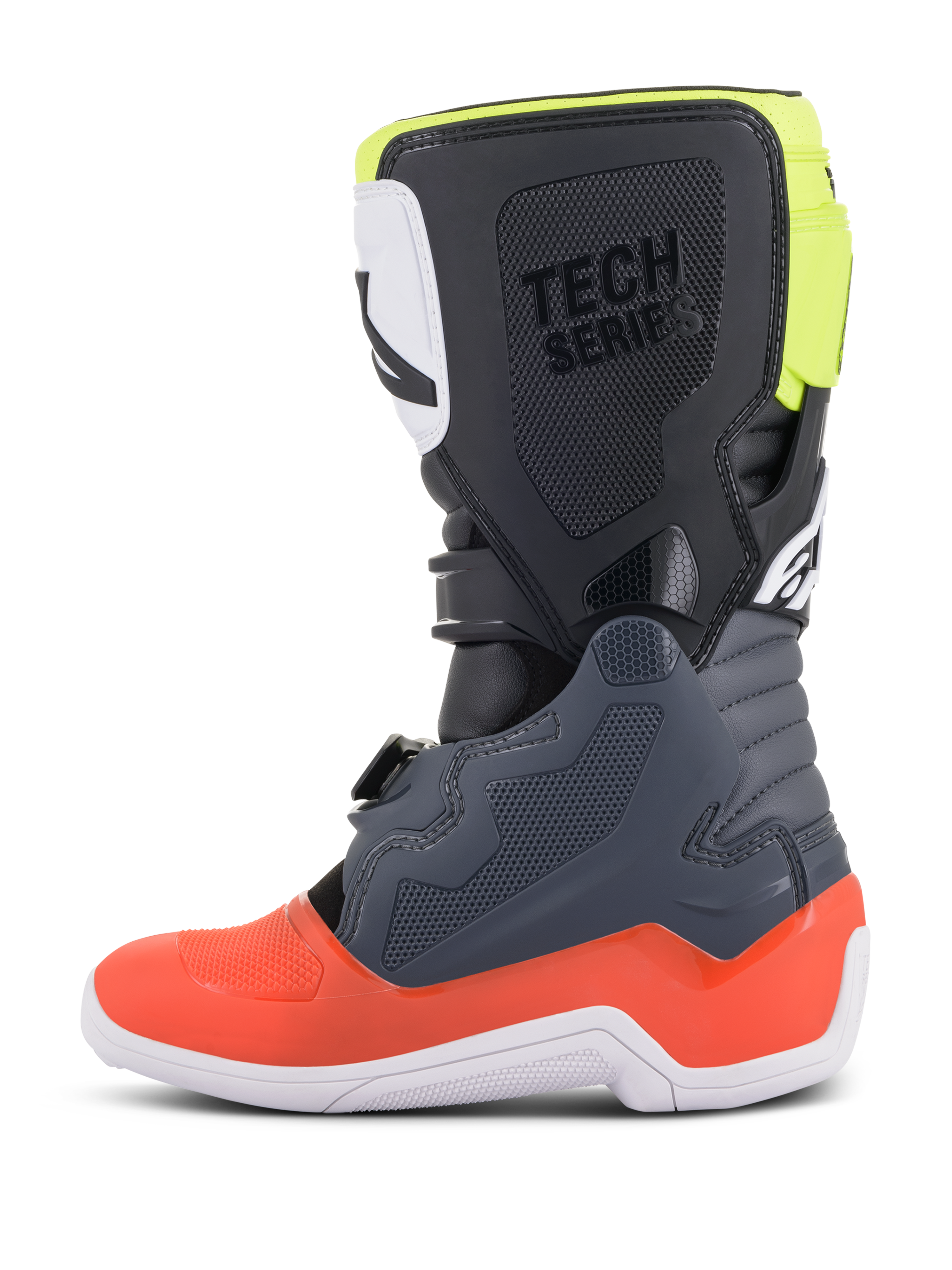 Alpinestars Youth Tech 7S Boots, Motocross Boots, Dark Gray with Red and Fluorescent Yellow accents, side profile view, white sole, 'TECH SERIES' branding, and durable TPU protective panels.