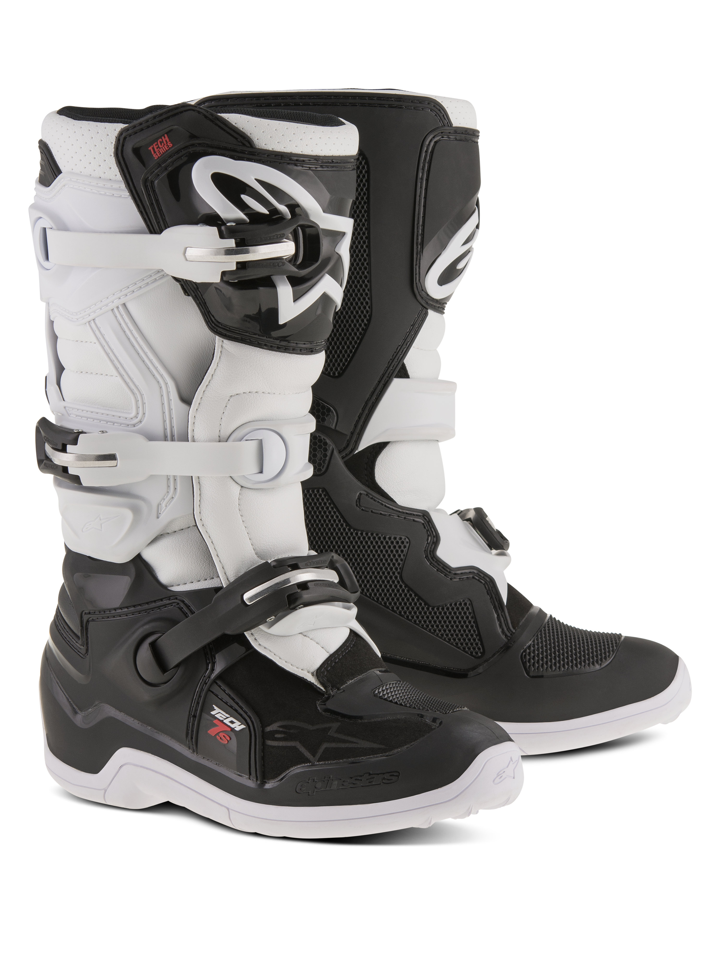 Alpinestars Youth Tech 7S Boots, Motocross Boots, Black and White, featuring adjustable buckle closure system, TPU shin guard and pivot system, durable construction with thick patterned soles for off-road riding