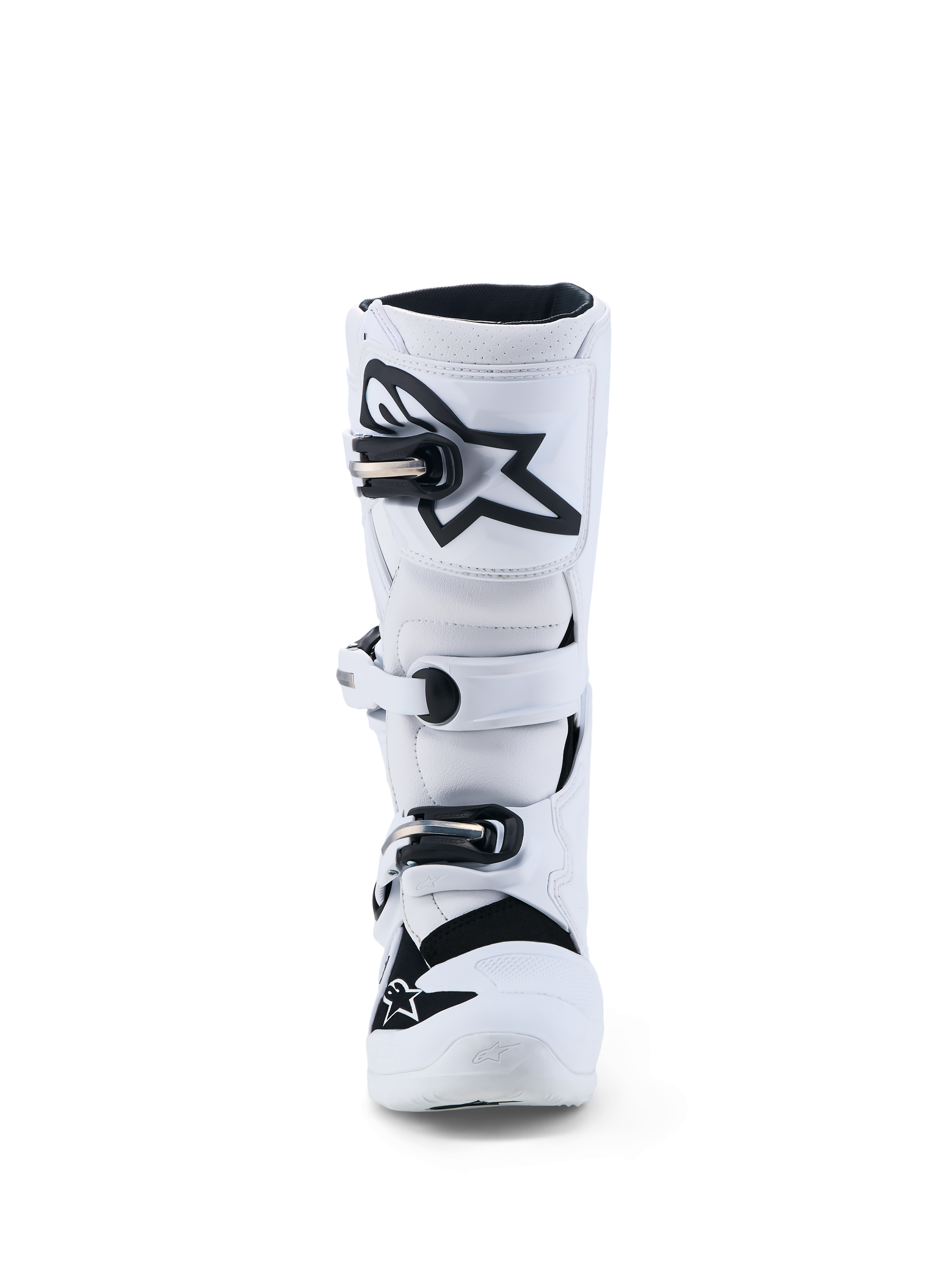 Alpinestars Youth Tech 7S Boots, youth motocross racing footwear, white and black, CE certified with TPU shin protection.