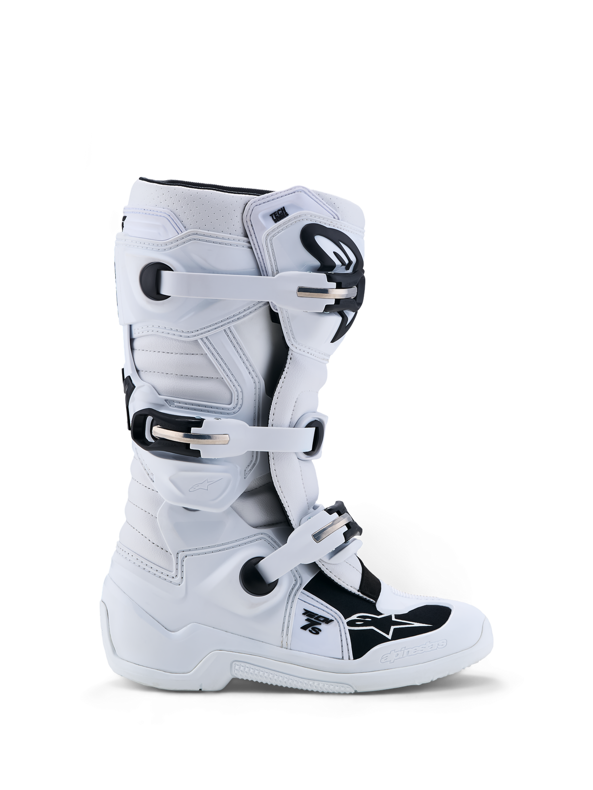 Alpinestars Youth Tech 7S Boots, junior motocross footwear in white and black with TPU protection, CE certified.