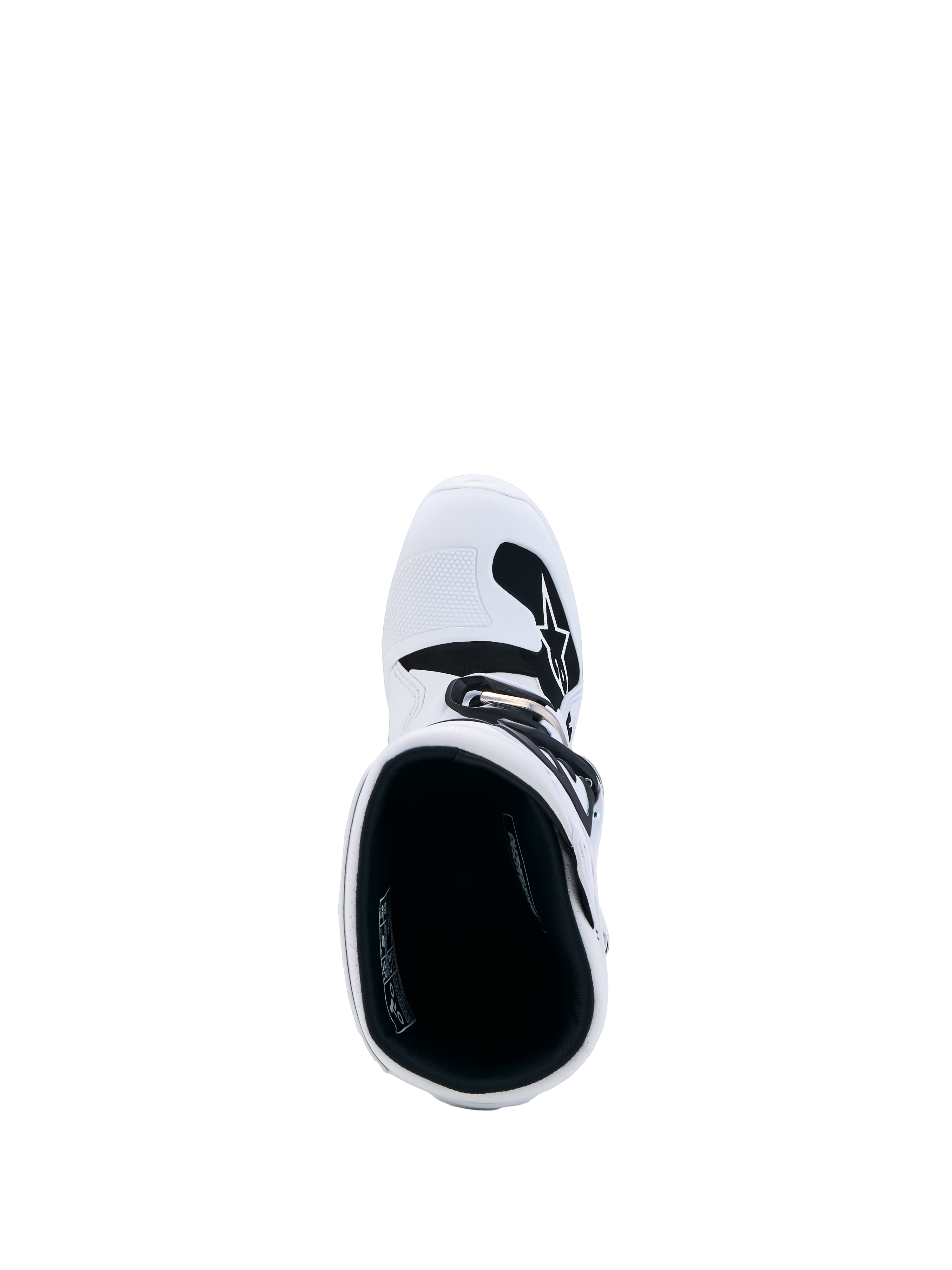 White Alpinestars Youth Tech 7S Motocross Boots, top-down view showing black interior padding and white TPU shin plate.