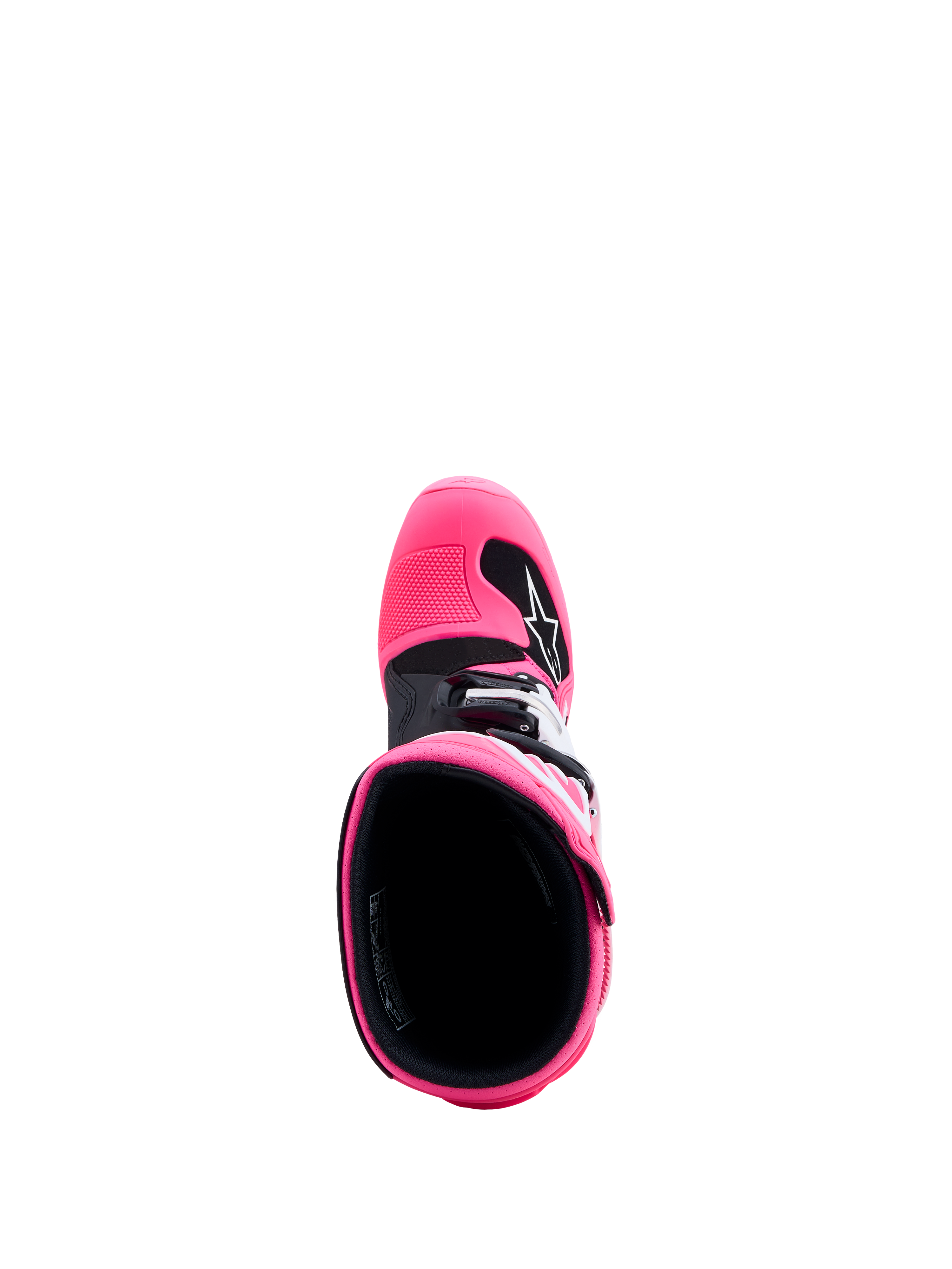 Alpinestars Youth Tech 7S Boots, pink fluo and black junior motocross boots, top-down view of interior and TPU protection.