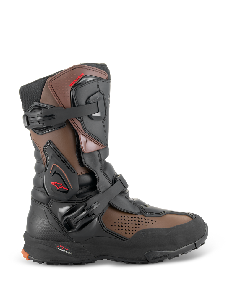 Alpinestars XT-8 GORE-TEX Boots, side profile view of a single Black and Brown adventure enduro motorcycle boot, featuring double buckle closure, reinforced ankle protection, and a rugged lugged outsole.