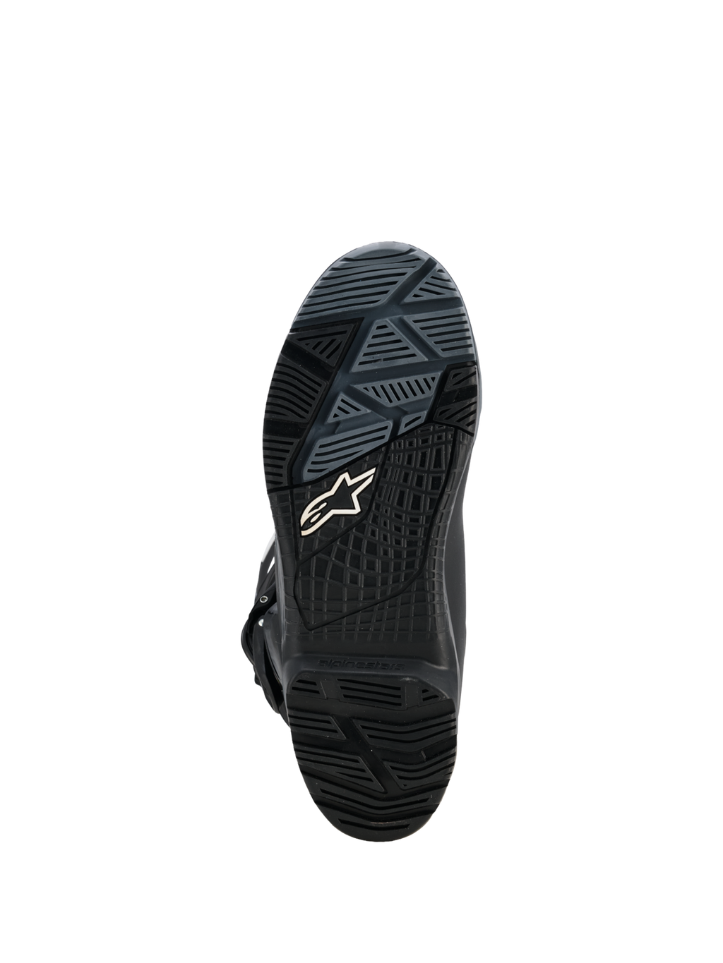 Alpinestars Corozal V2 Adventure Drystar® Boots, black motorcycle adventure boot outsole close-up with all-terrain rubber tread and Alpinestars logo