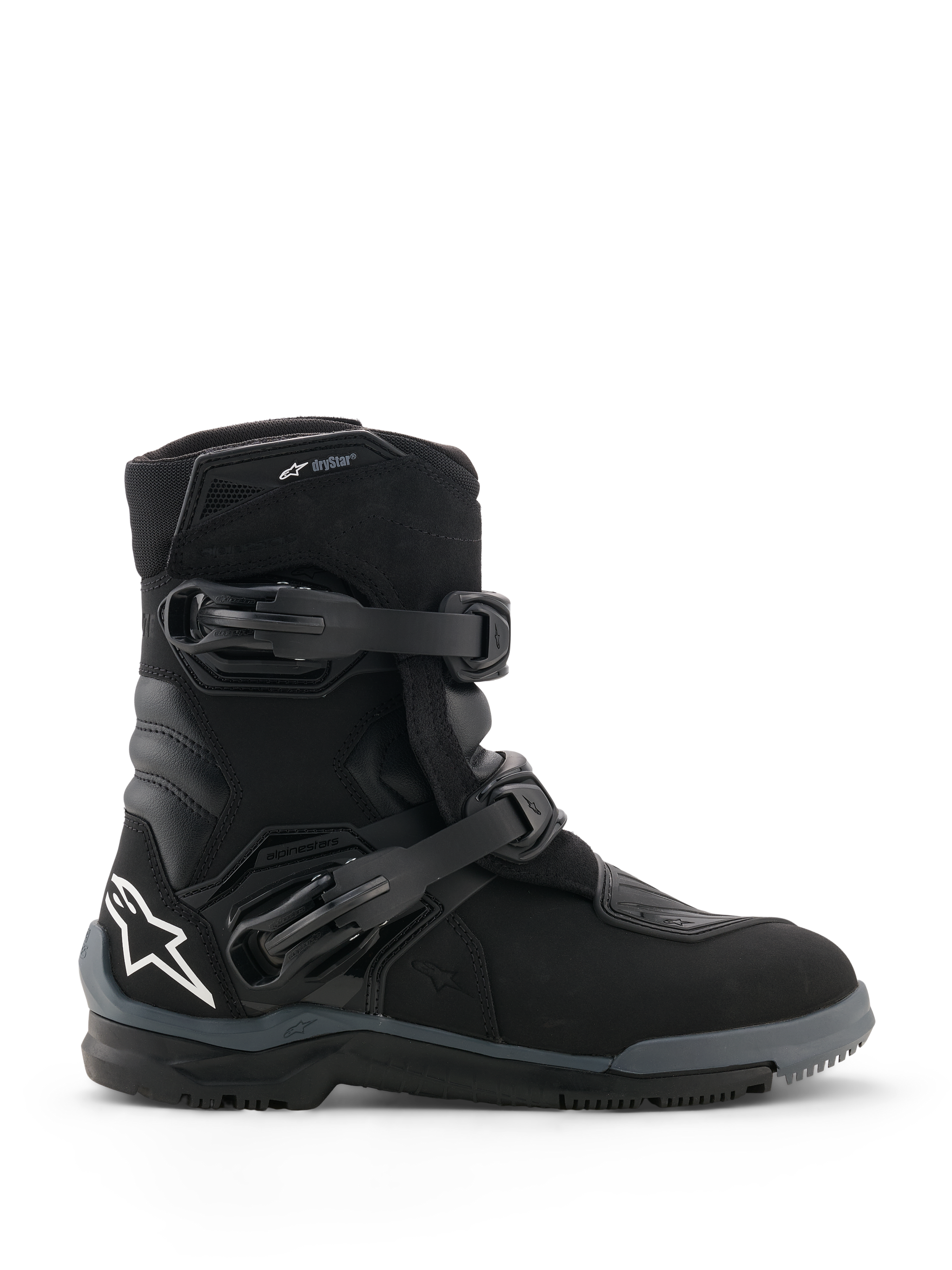 Alpinestars Belize V2 Drystar Boots, Black Motorcycle Touring Boots, Dual Adjustable Buckle Straps, Reinforced Sole, Waterproof Drystar Technology, White Star Logo, Durable Weather-Resistant Construction