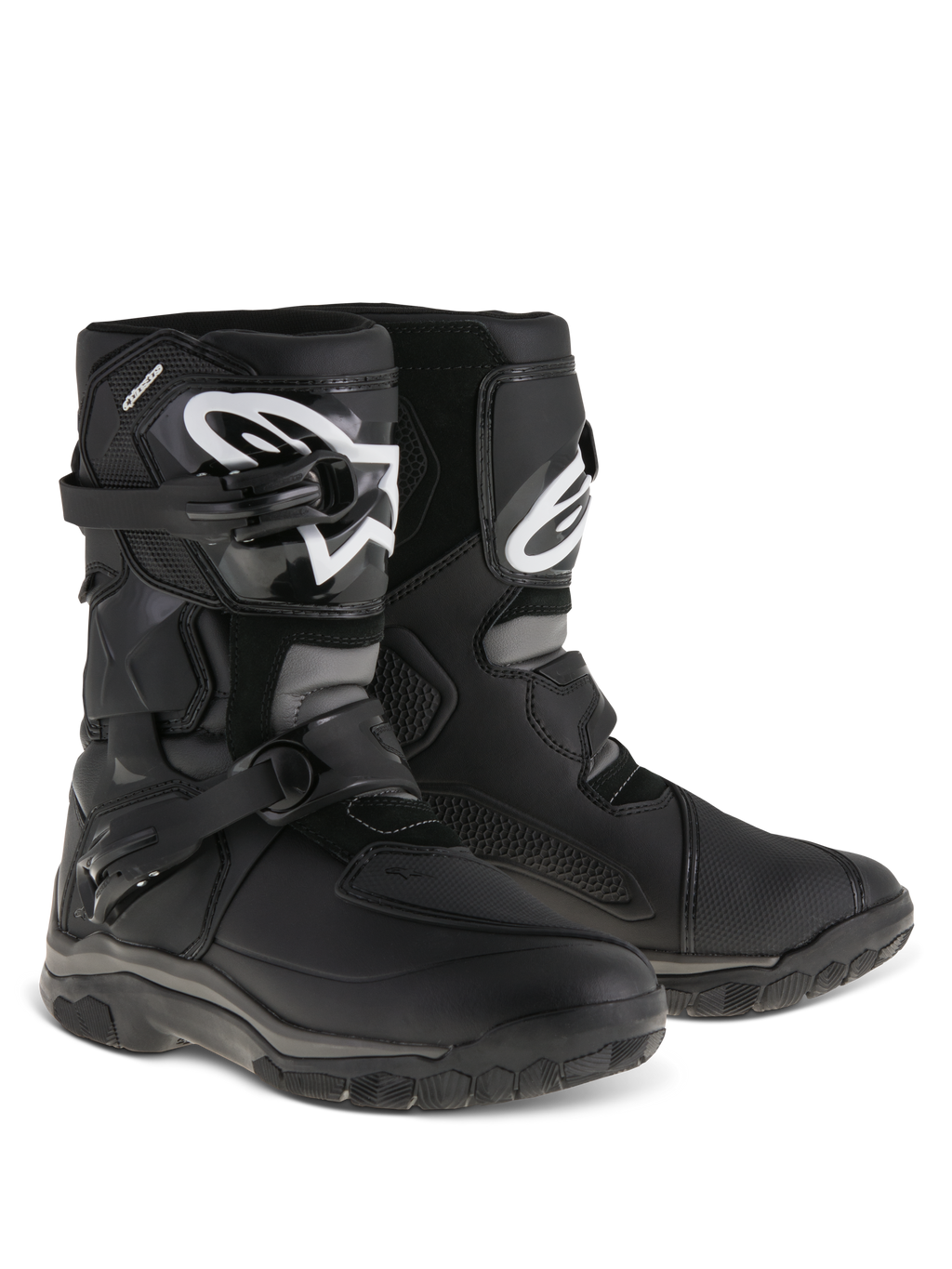Alpinestars Belize Drystar® Boots, Adventure Touring Motorcycle Boots, Black, low-cut design with dual buckle closure system, TPU shin plate featuring white Alpinestars logo, rugged vulcanized rubber outsole for trail and road use