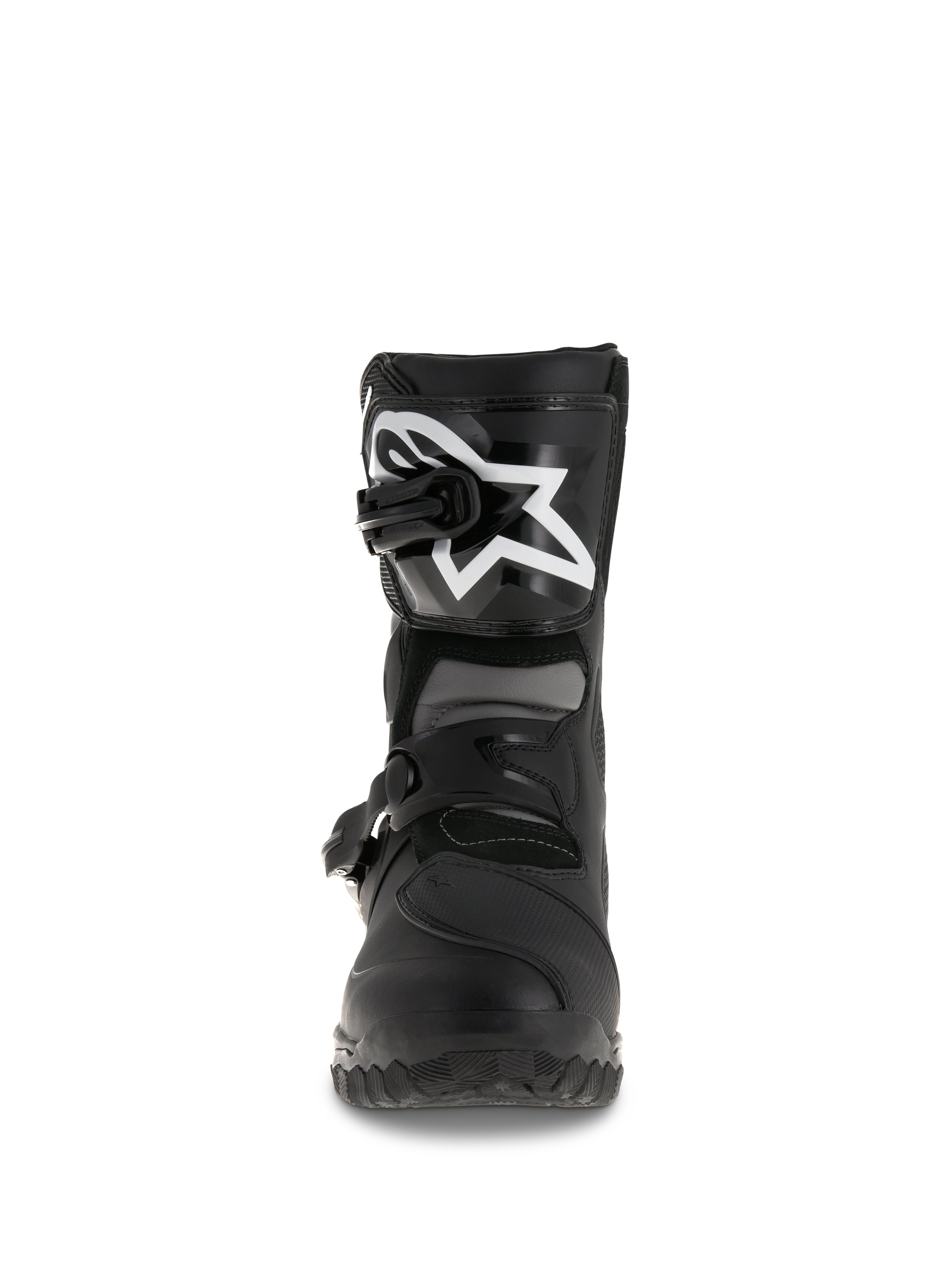 Alpinestars Belize Drystar® Boots, Adventure Touring Motorcycle Boots, Black, front view featuring TPU shin plate with large white logo, dual buckle closure system, and rugged vulcanized outsole