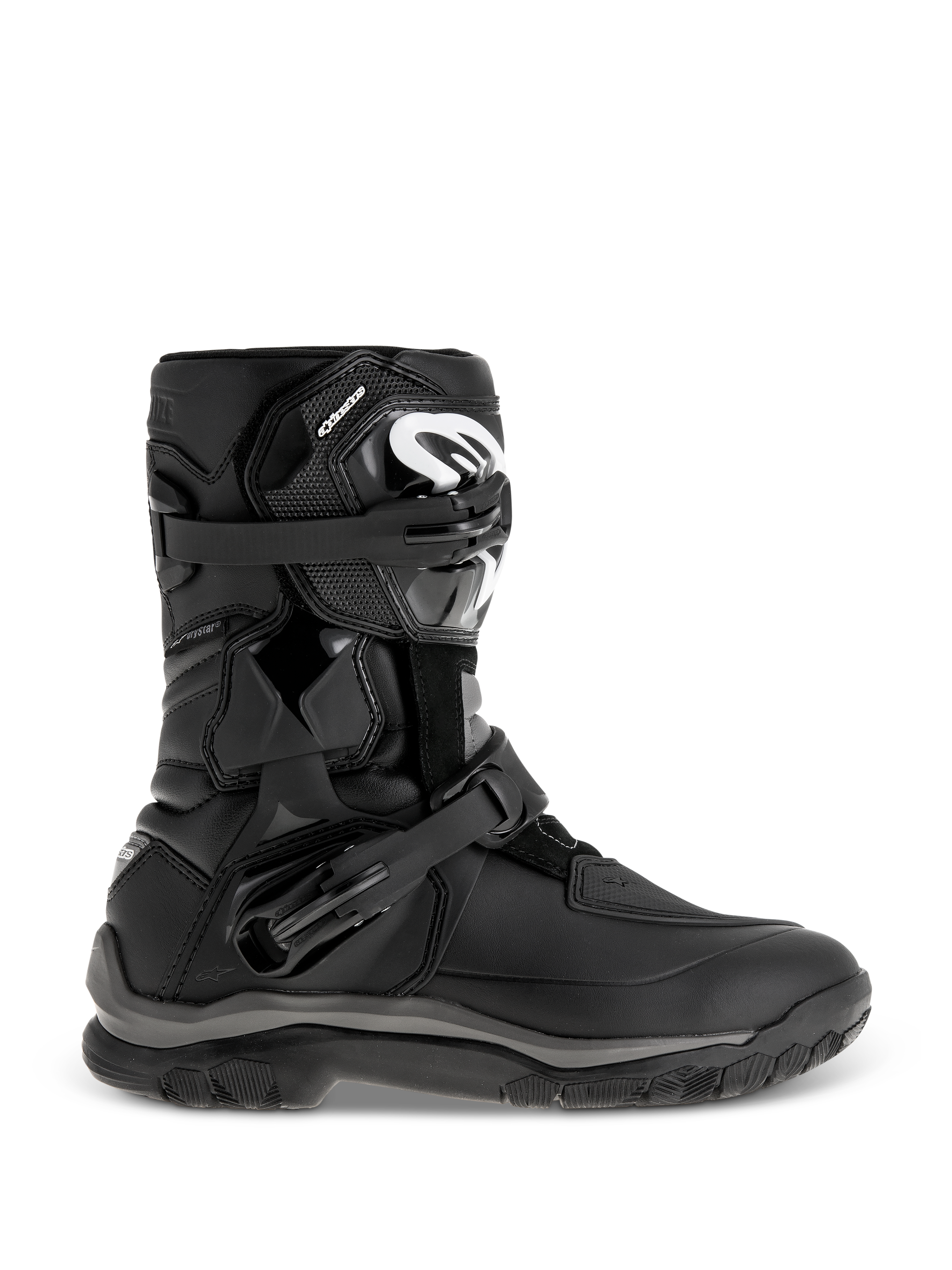 Alpinestars Belize Drystar Boots, Black Adventure Touring Boots, featuring a mid-height design with dual adjustable buckles, rugged textured outsole for grip, reinforced protection panels, white logo on the shin, waterproof motorcycle footwear