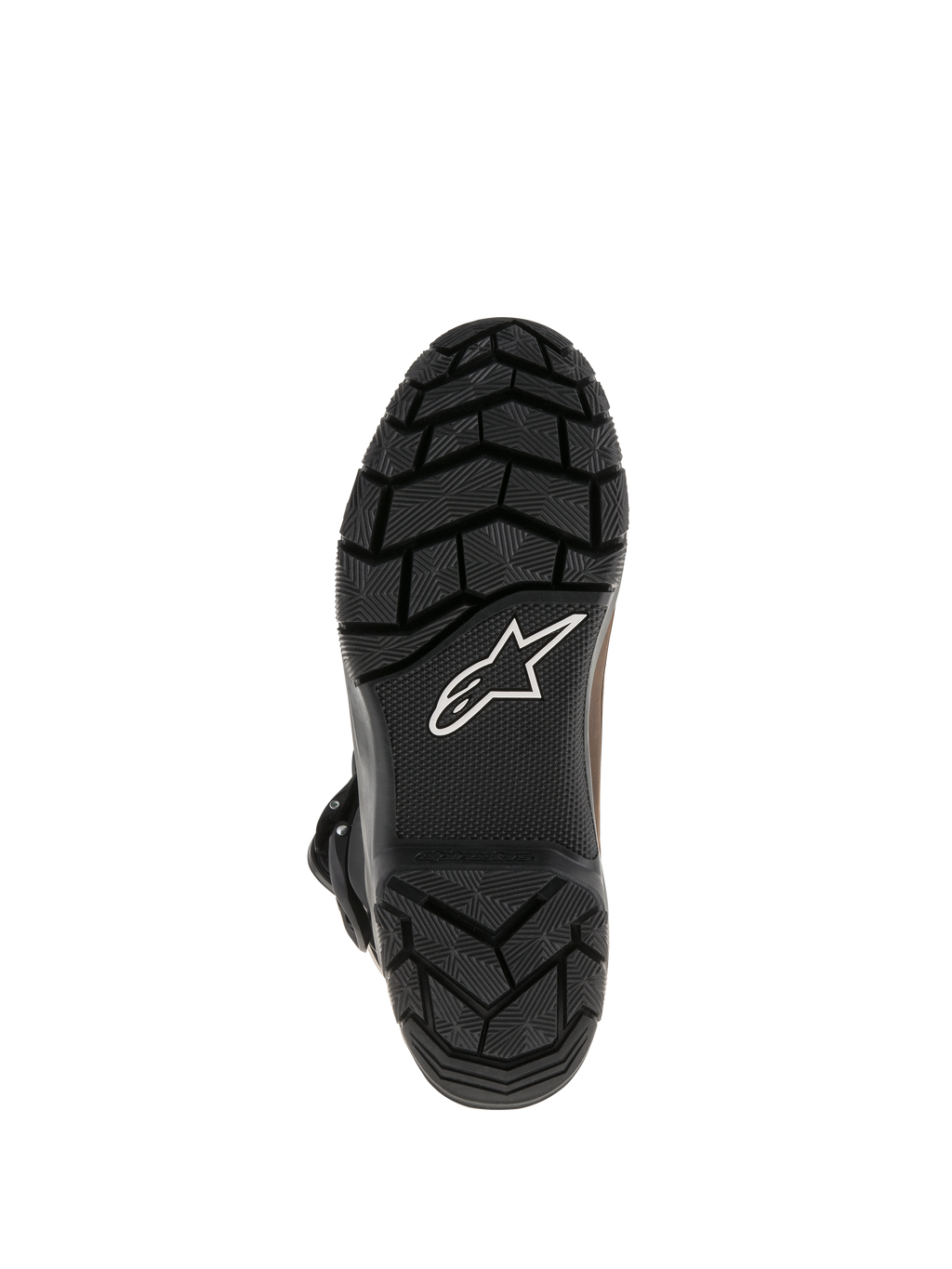 Alpinestars Belize Drystar® Boots, black vulcanized rubber outsole with rugged textured tread pattern, featuring white Alpinestars star logo, durable grip design for adventure touring