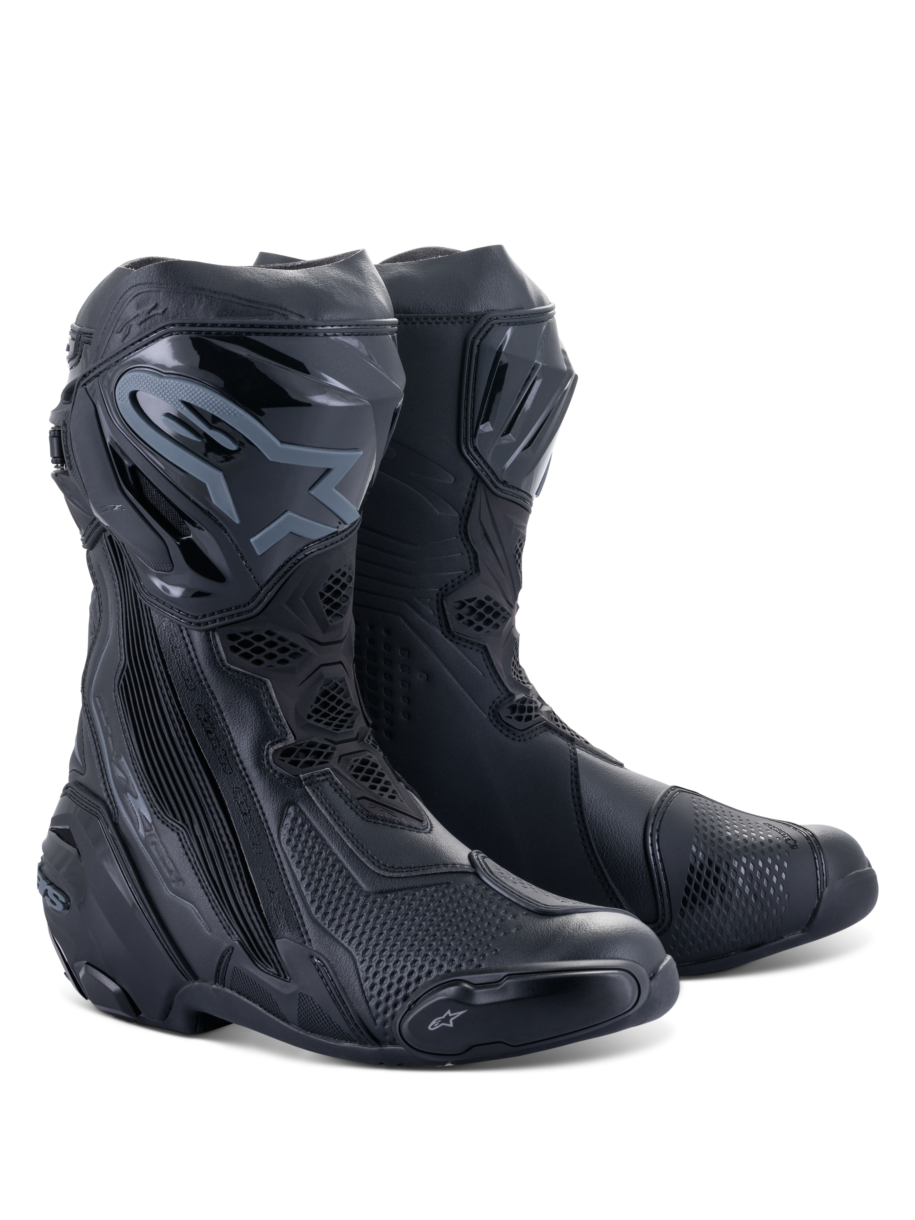 Alpinestars Supertech R Boots, Motorcycle Racing Boots, Black on Black, featuring protective TPU shin plates, replaceable sliders, and a streamlined performance design for road and track riding.