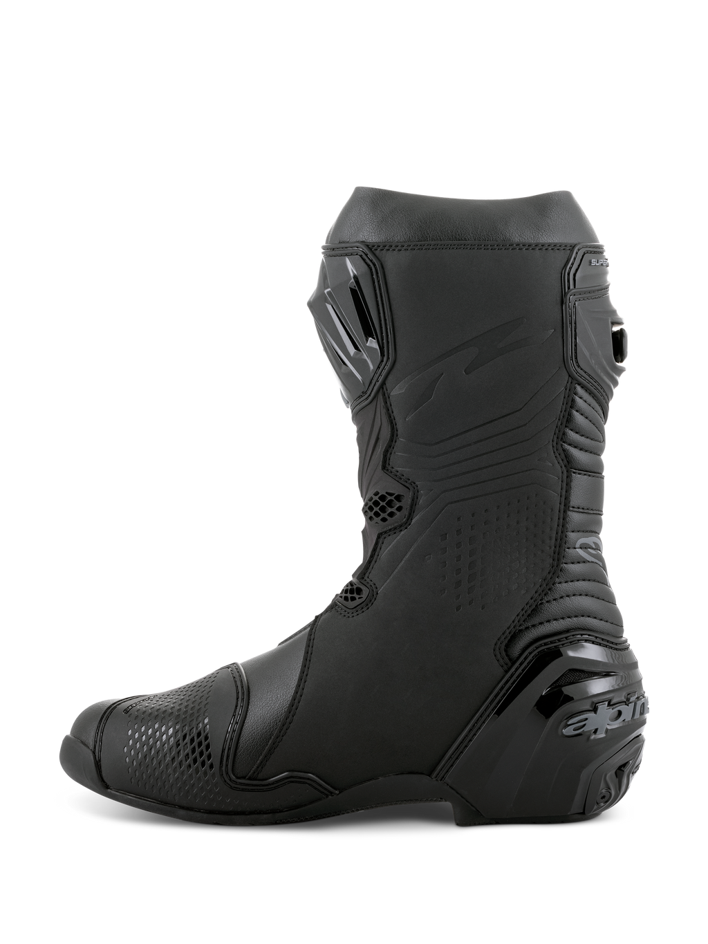 Alpinestars Supertech R Boots, Racing Motorcycle Boots, Black Black, side profile view featuring the TPU shin plate, reinforced heel protector, and accordion flex zones for natural movement, professional track and street performance footwear