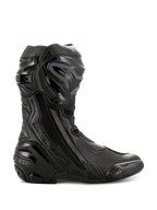 Alpinestars Supertech R Boots, High-Performance Motorcycle Racing Boots, All Black, side profile view showing TPU shin protector, replaceable toe slider, and reinforced heel, professional track-ready design