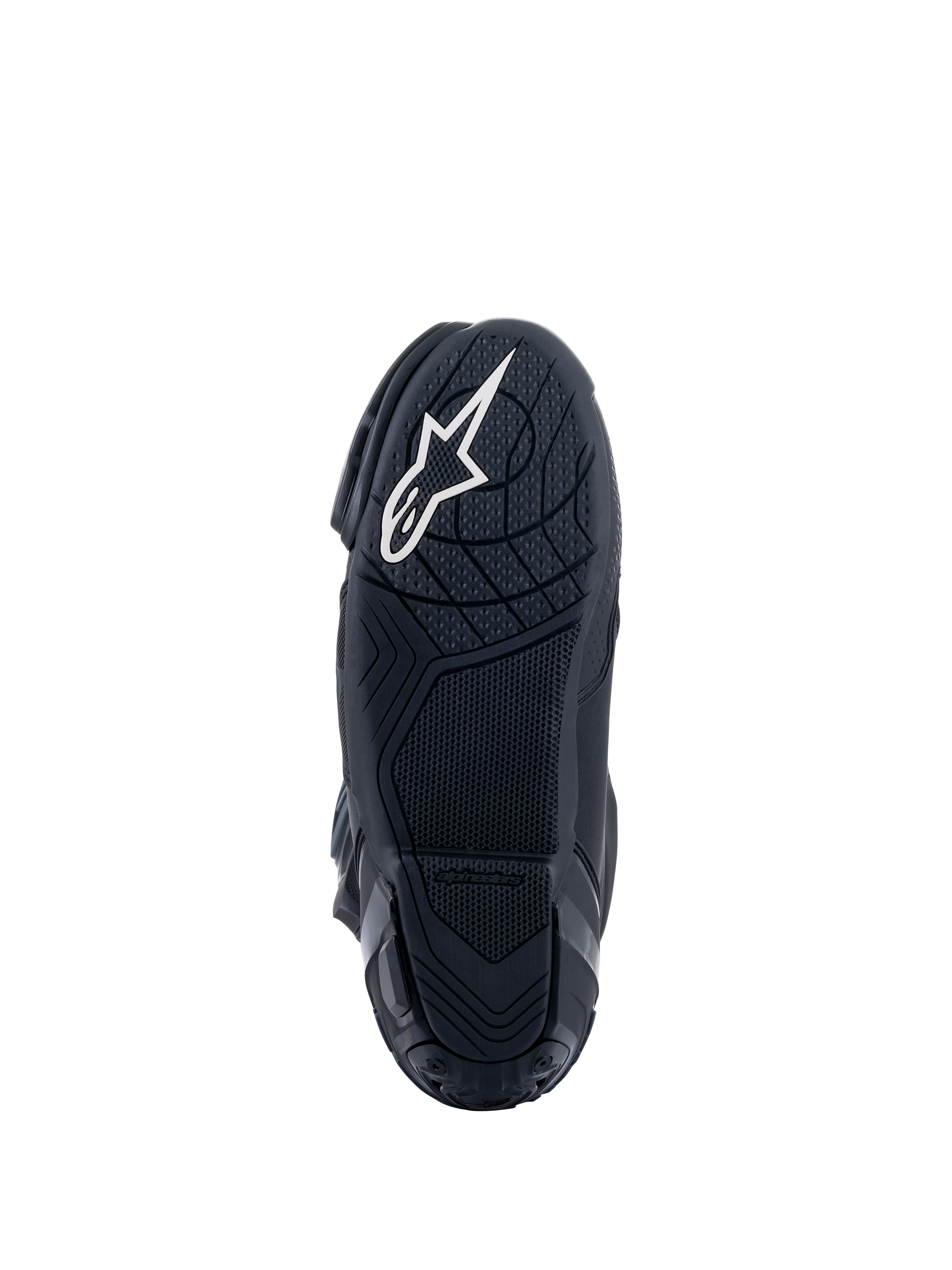 Alpinestars Supertech R Boots, Racing Motorcycle Boots, Black, bottom view of the rubber compound sole with textured grip patterns, featuring a white Alpinestars star logo on the heel