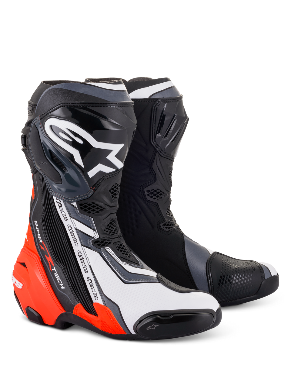 Alpinestars Supertech R Boots, high-performance motorcycle racing footwear, Black Red Fluo White and Gray, featuring a prominent white Astar logo on the shin plate, repeating 'alpinestars' text on the side, and bright fluorescent red accents on the heel and lower side.